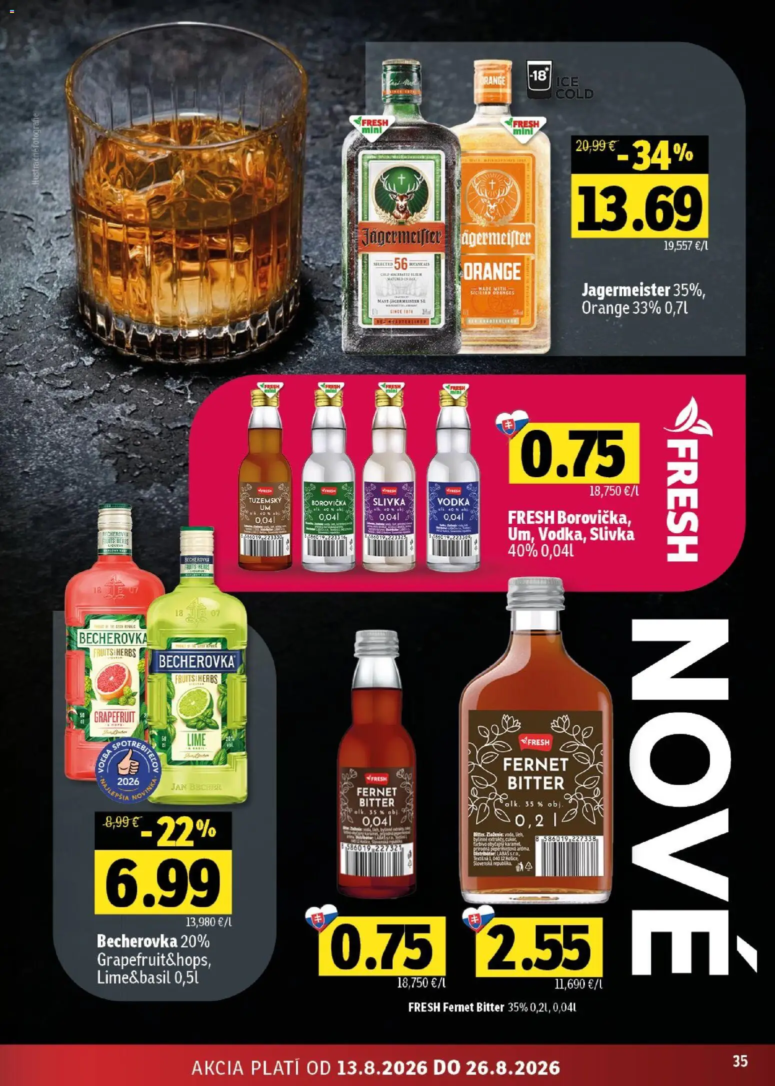 Nové Fresh akcie – leták je platný od 13.08.2026 | Strana: 35 | Produkty: Jägermeister, Borovička, Vodka, Grapefruit