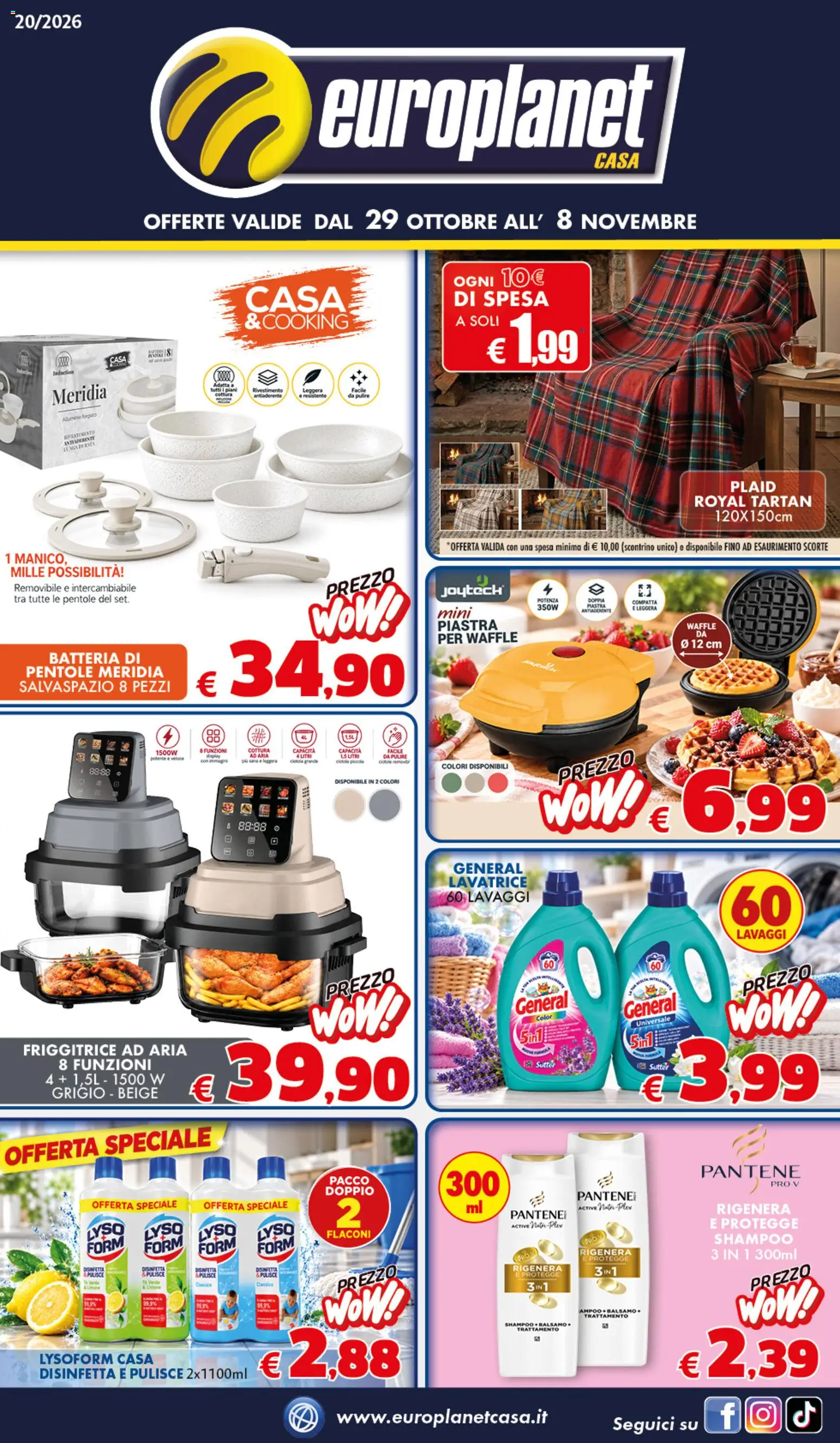 Volantino Europlanet Casa del 29/10/2026 | Pagina: 1 | Prodotti: Shampoo, Lavatrice, Friggitrice, Batteria