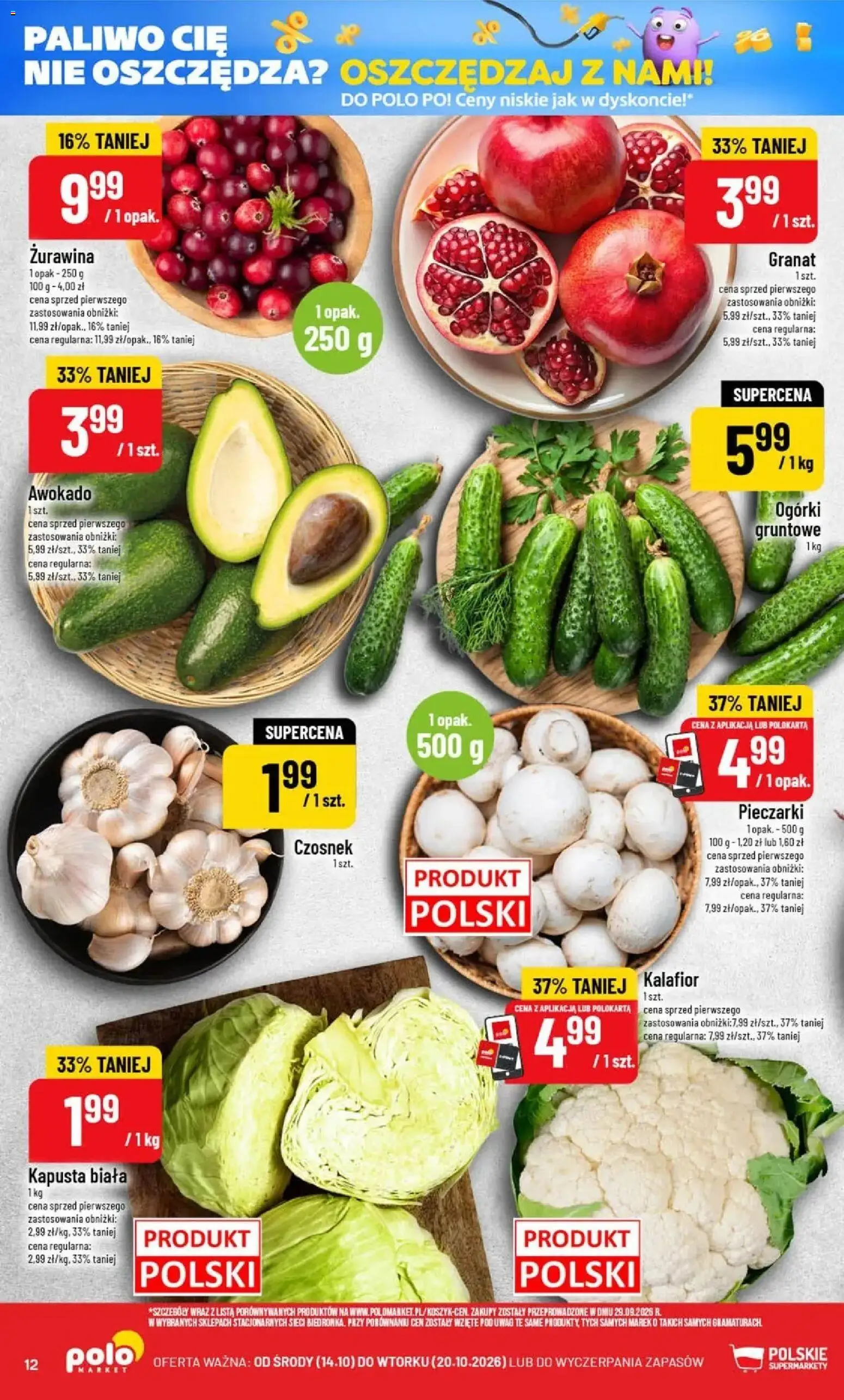 Nowa POLOmarket gazetka od jutra 14.10.2026 | Strona: 12 | Produkty: Czosnek, Kapusta, Kalafior, Żurawina