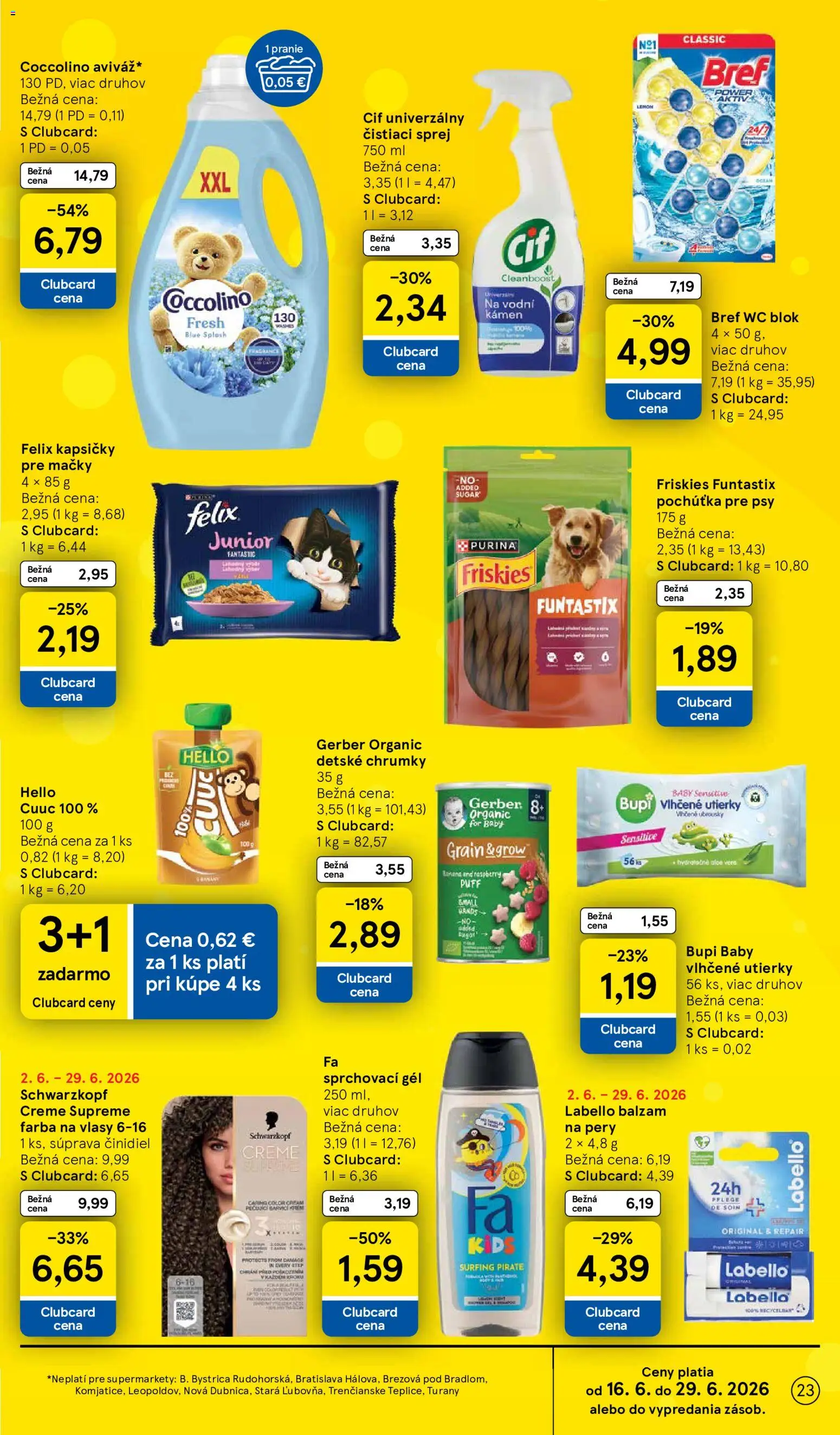 Nové Tesco akcie – leták je platný od 17.06.2026 | Strana: 23 | Produkty: Friskies, Wc, Krém, Cif