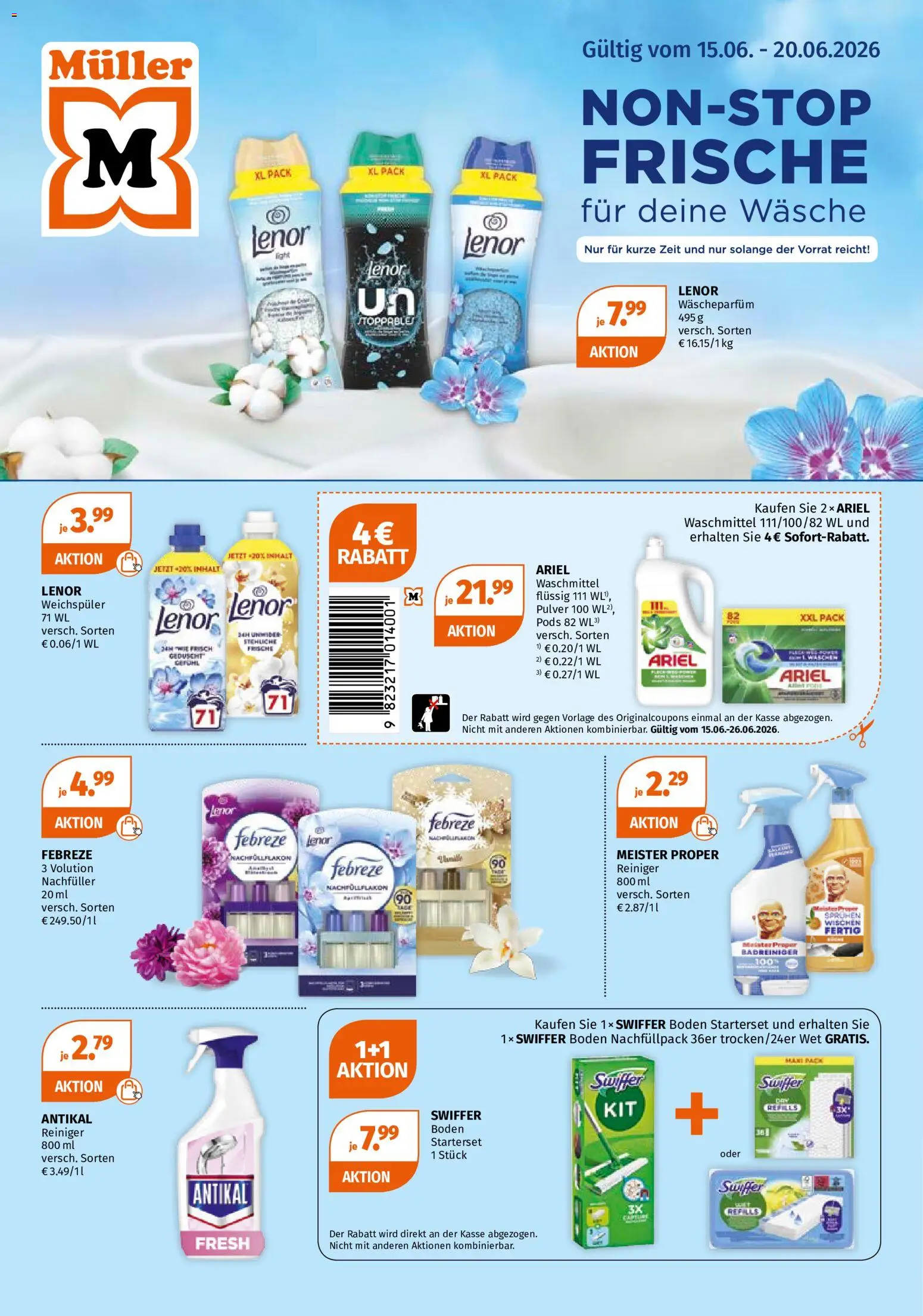 Müller Angebote für den Sommer – gültig ab 15.06.2026 | Seite: 1 | Produkte: Lenor, Ariel, Weichspüler, Waschmittel