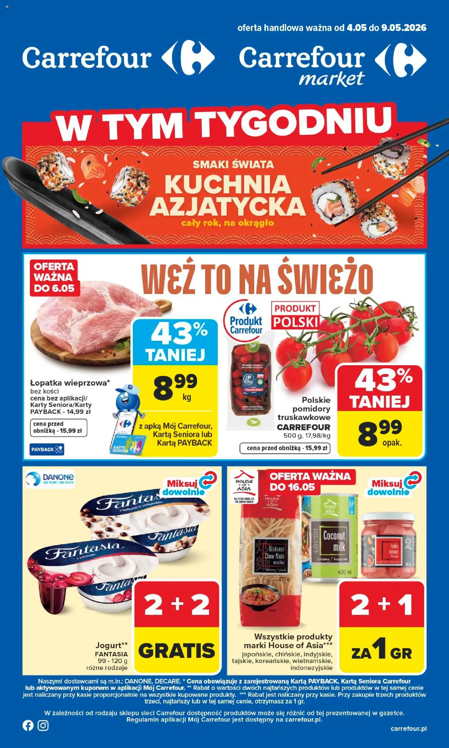 Carrefour gazetka od 04.05.2026 | Strona: 1 | Produkty: Karta, Jogurt, Pomidory, Makaron