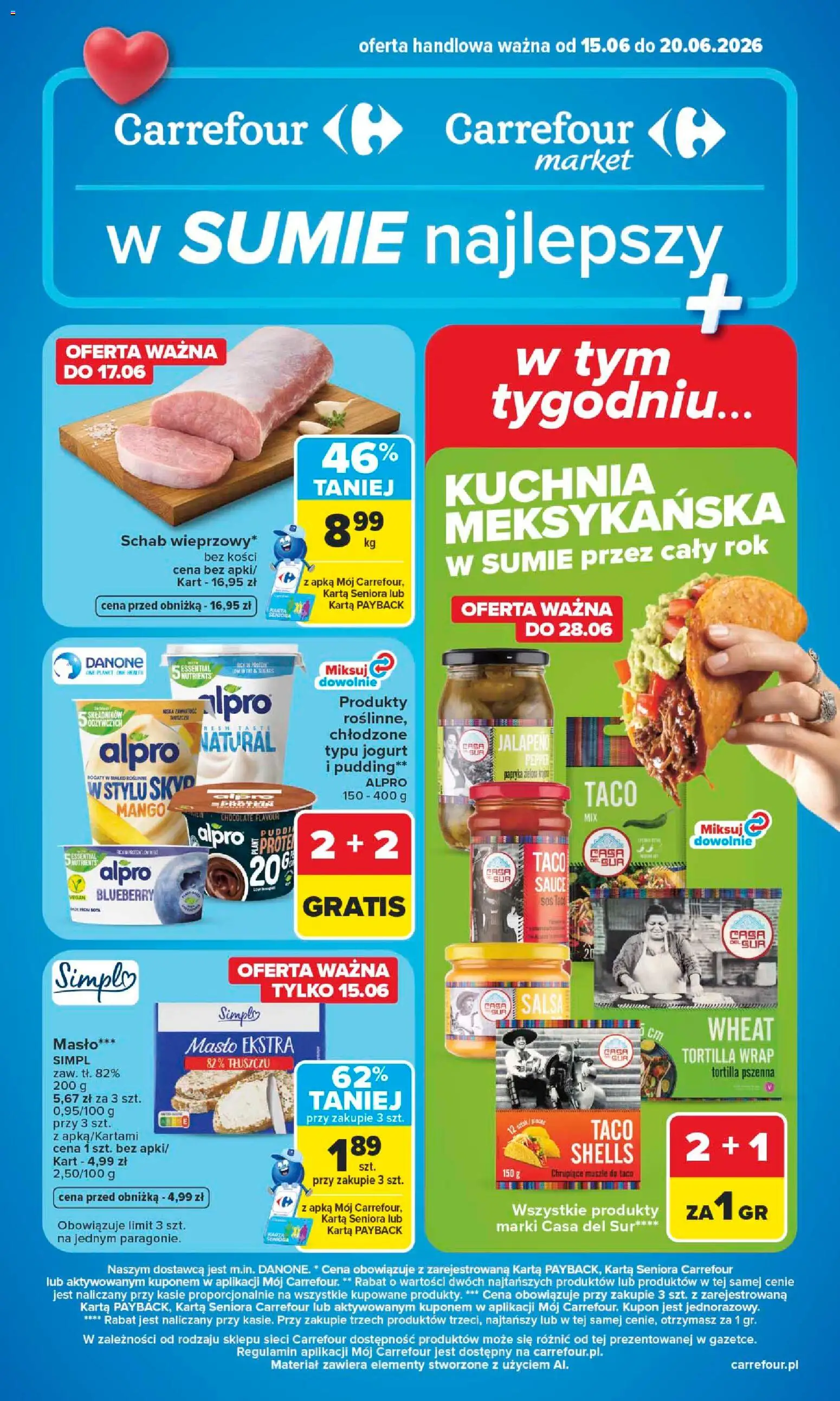 Carrefour gazetka od 15.06.2026 | Strona: 1 | Produkty: Schab, Alpro, Papryka, Jogurt