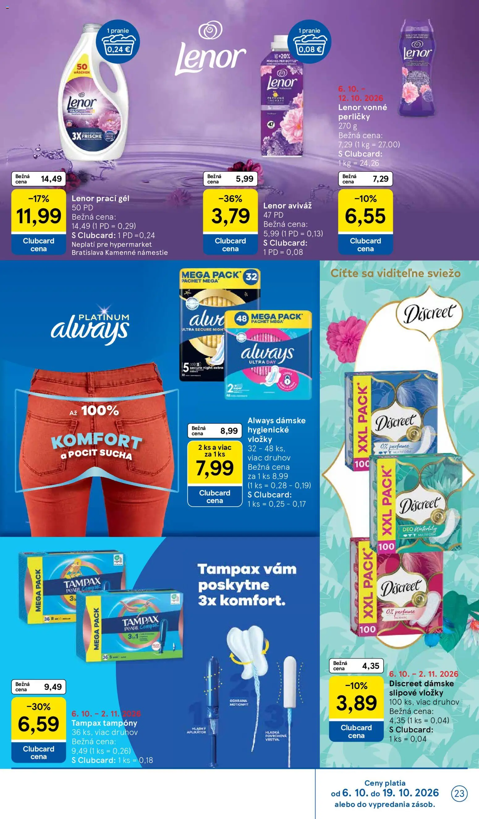 Nové Tesco akcie – leták je platný od 07.10.2026 | Strana: 23 | Produkty: Prací gél, Aviváž, Lenor