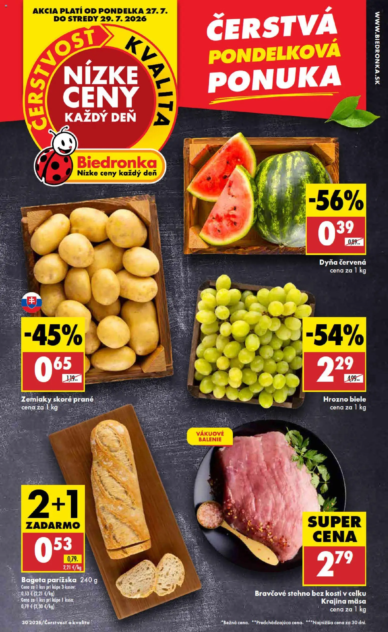 Nové Biedronka akcie – leták je platný od 27.07.2026 | Strana: 1 | Produkty: Bravčové stehno, Zemiaky, Hrozno