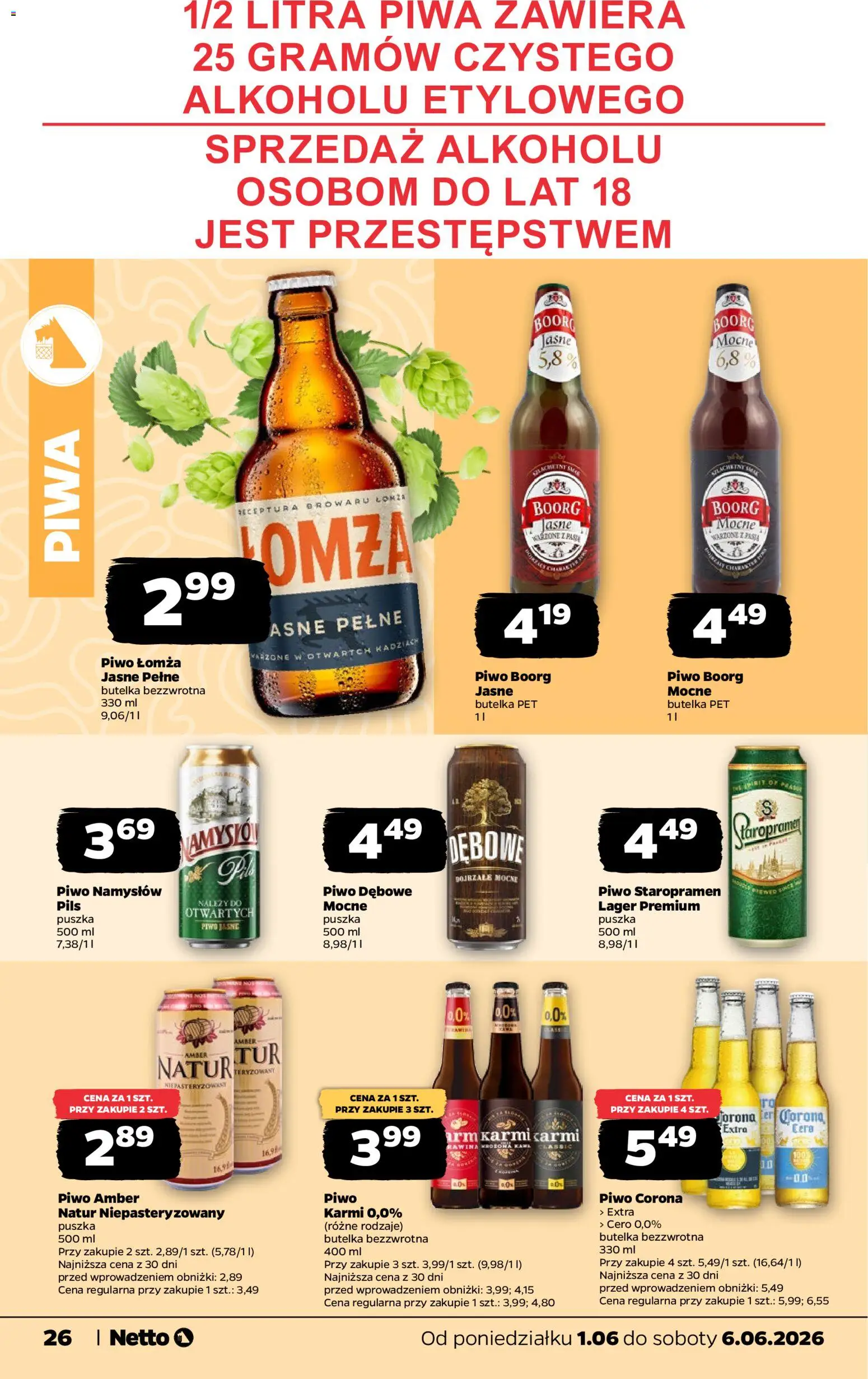 Netto gazetka od poniedziałku spożywcza od 01.06.2026 | Strona: 26 | Produkty: Piwo Staropramen, Piwo, Piwo Namysłów