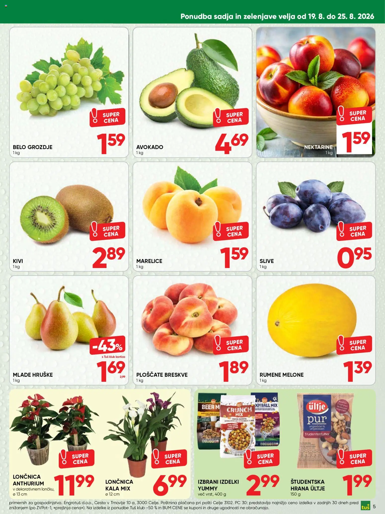 Novi Tuš katalog ponudbe – veljaven od 19.08.2026 | Stran: 5 | Izdelki: Grozdje, Marelice, Kivi, Avokado