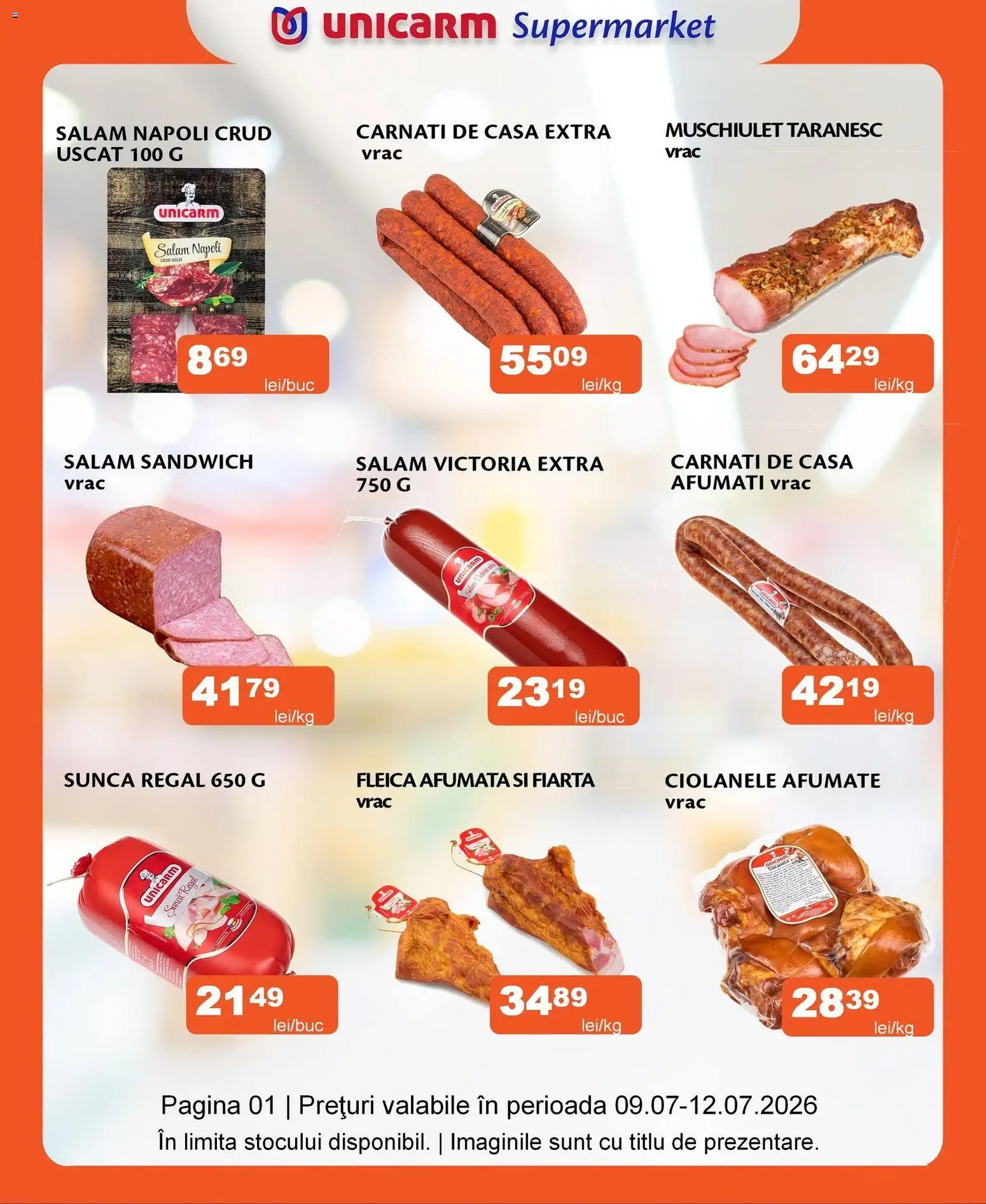 Noul catalog Unicarm – valabil de la 09.07.2026 | Pagină: 1 | Produse: Salam, Șuncă, Fleică, Cârnați