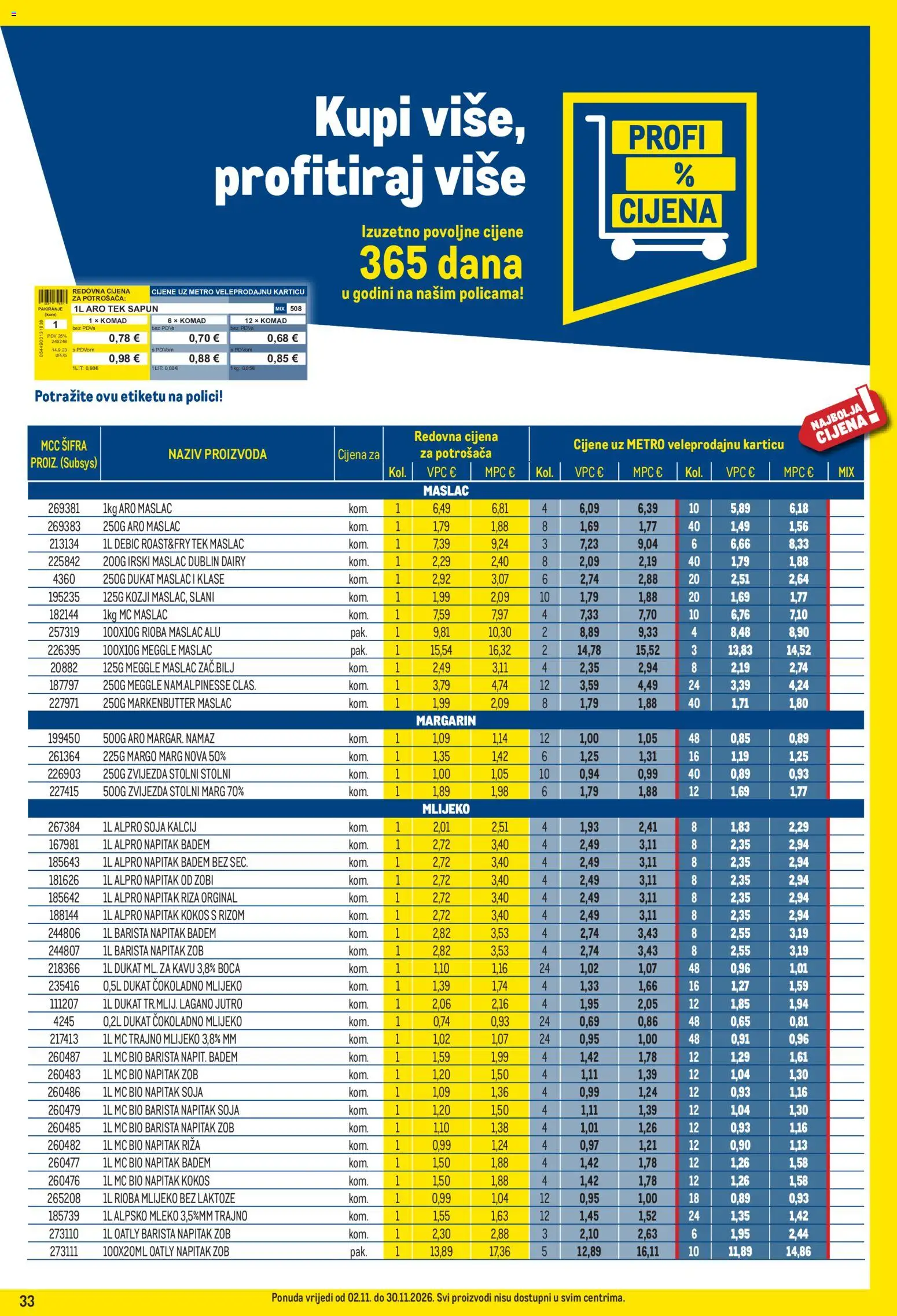 Metro katalog | vrijedi od 02.11.2026 | Stranica: 33 | Proizvodi: Mlijeko, Maslac, Sapun, Margarin