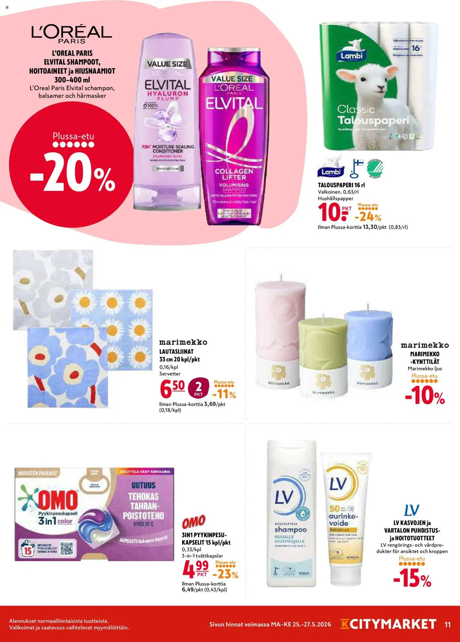 K-Citymarket tarjoukset – voimassa 25.05.2026 alkaen | Sivu: 15 | Tuotteet: Shampoo, Kynttilät, Lautasliinat