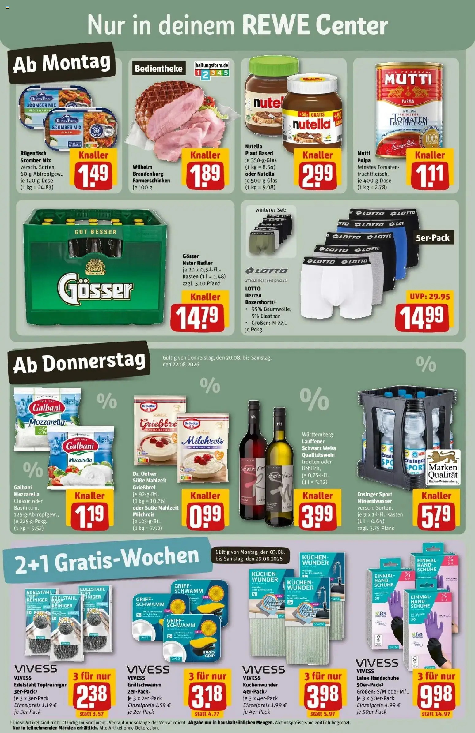 REWE Prospekt ab 17.08.2026 zum Blättern » Angebote | Seite: 3 | Produkte: Mozzarella, Tomaten, Radler, Handschuhe
