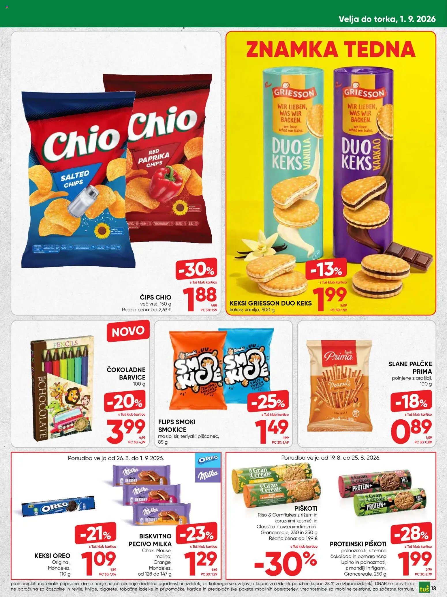 Novi Tuš katalog ponudbe – veljaven od 19.08.2026 | Stran: 13 | Izdelki: Mandlji, Flips, Kosmici, Cips