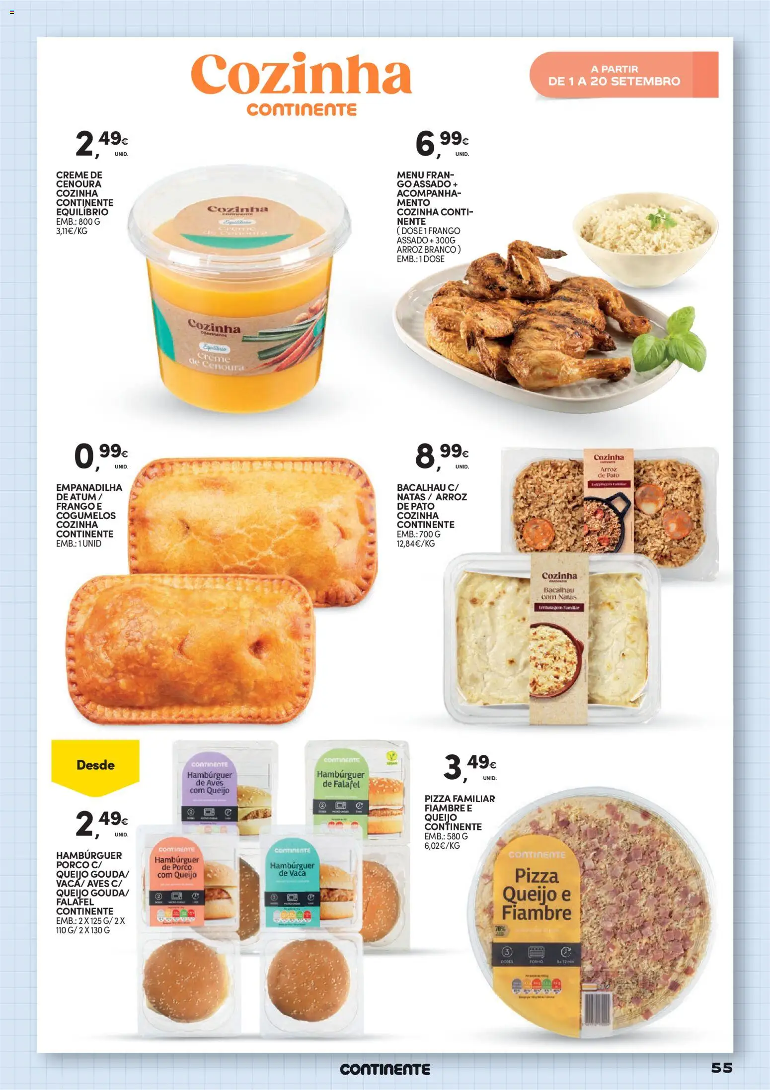 Continente Regresso às Aulas Na escola de toda a gente │ válido de 11/08/2026 | Página: 55 | Produtos: Atum, Hambúrguer, Pizza, Cenoura