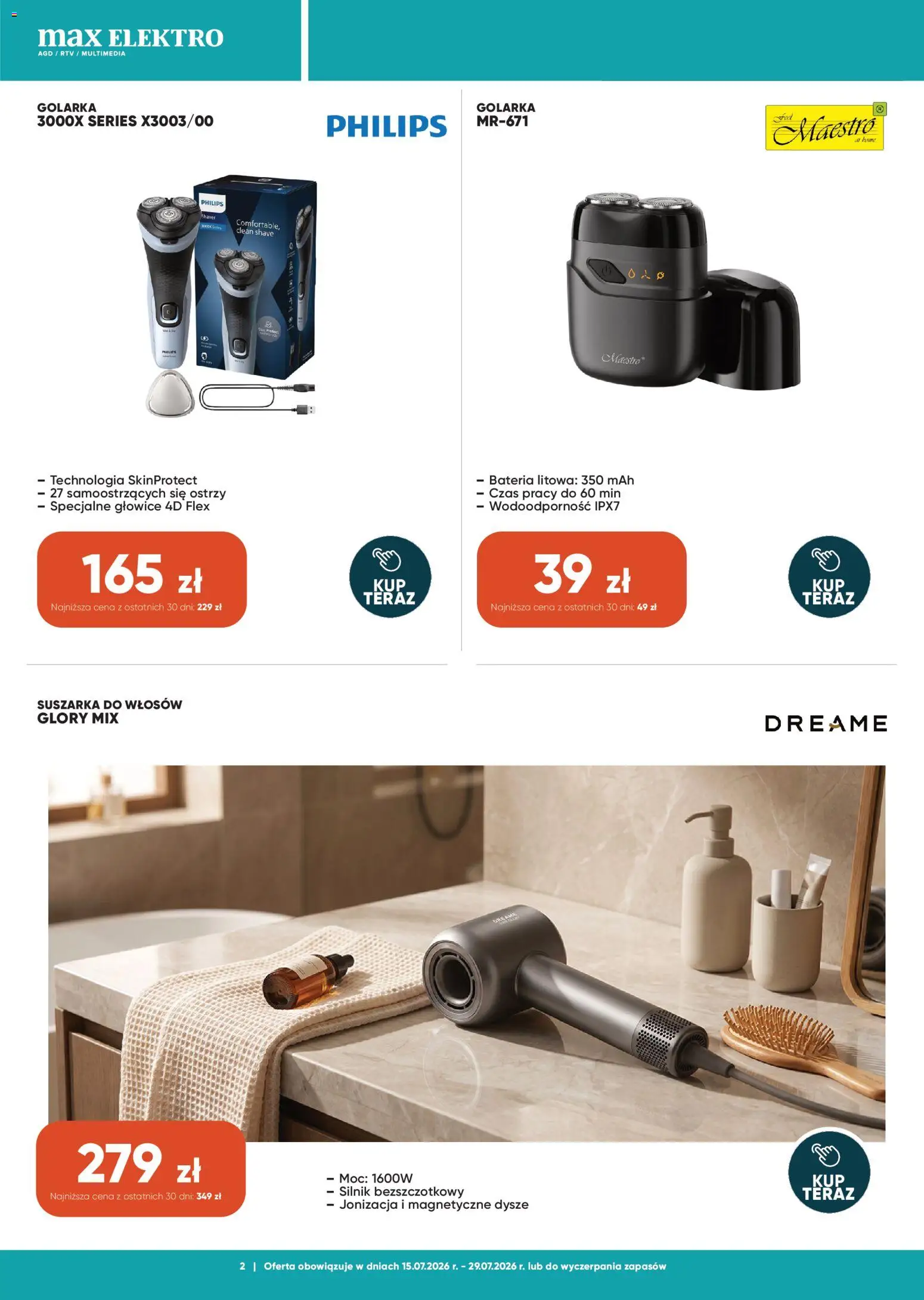 Max elektro gazetka od 15.07.2026 | Strona: 2 | Produkty: Suszarka, Suszarka do włosów, Golarka, Bateria
