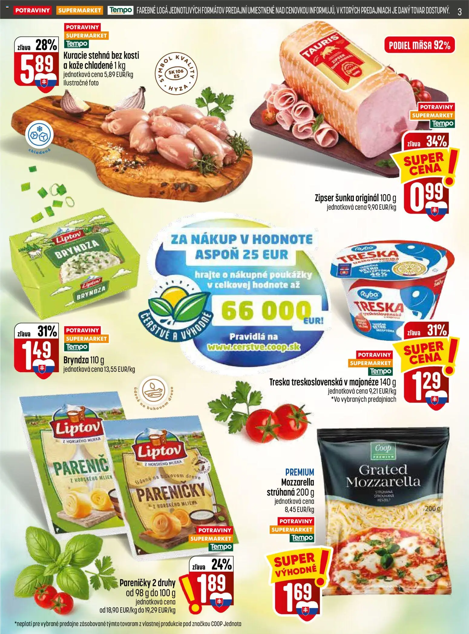Nové COOP Jednota akcie – leták je platný od 09.07.2026 | Strana: 3 | Produkty: Šunka, Bryndza, Kuracie stehná, Ryba