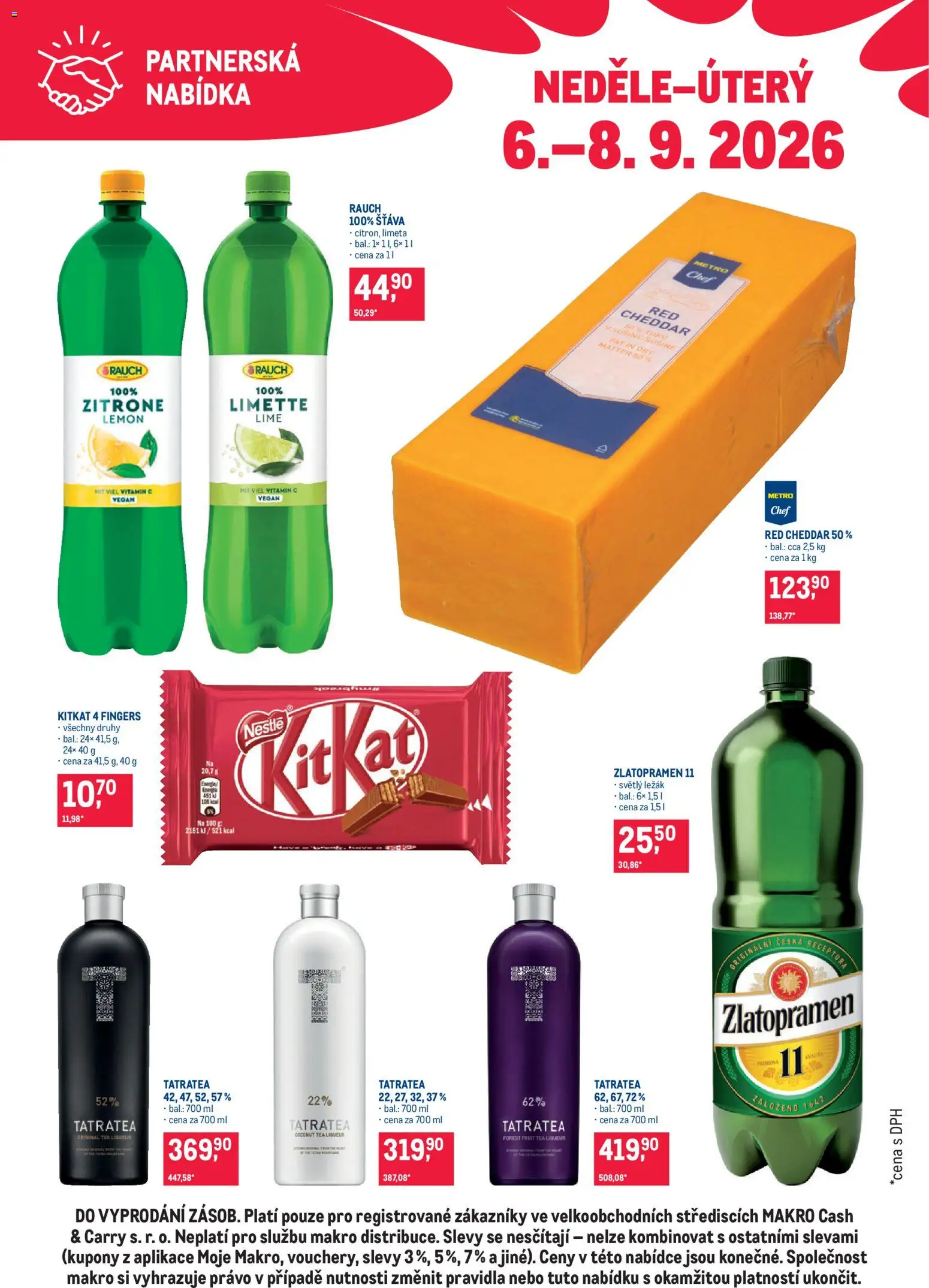 Makro leták - Partnerská nabídka od 06.09.2026 | Strana: 1 | Produkty: Zlatopramen 11, Šťáva, Cheddar, Tatratea