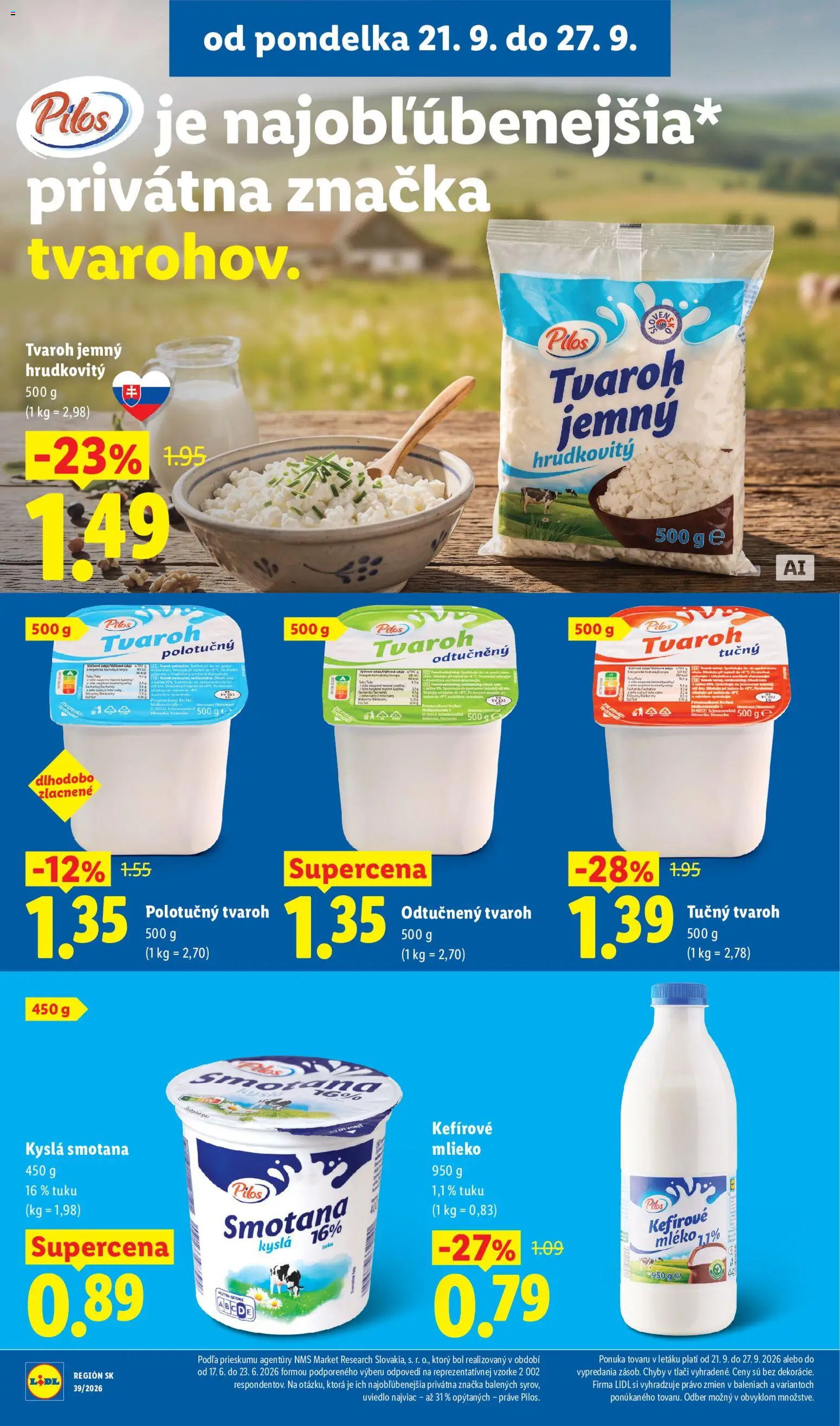 Nové Lidl akcie – leták je platný od 21.09.2026 | Strana: 33 | Produkty: Polotučný tvaroh, Kyslá smotana, Tvaroh tučný, Kefírové mlieko