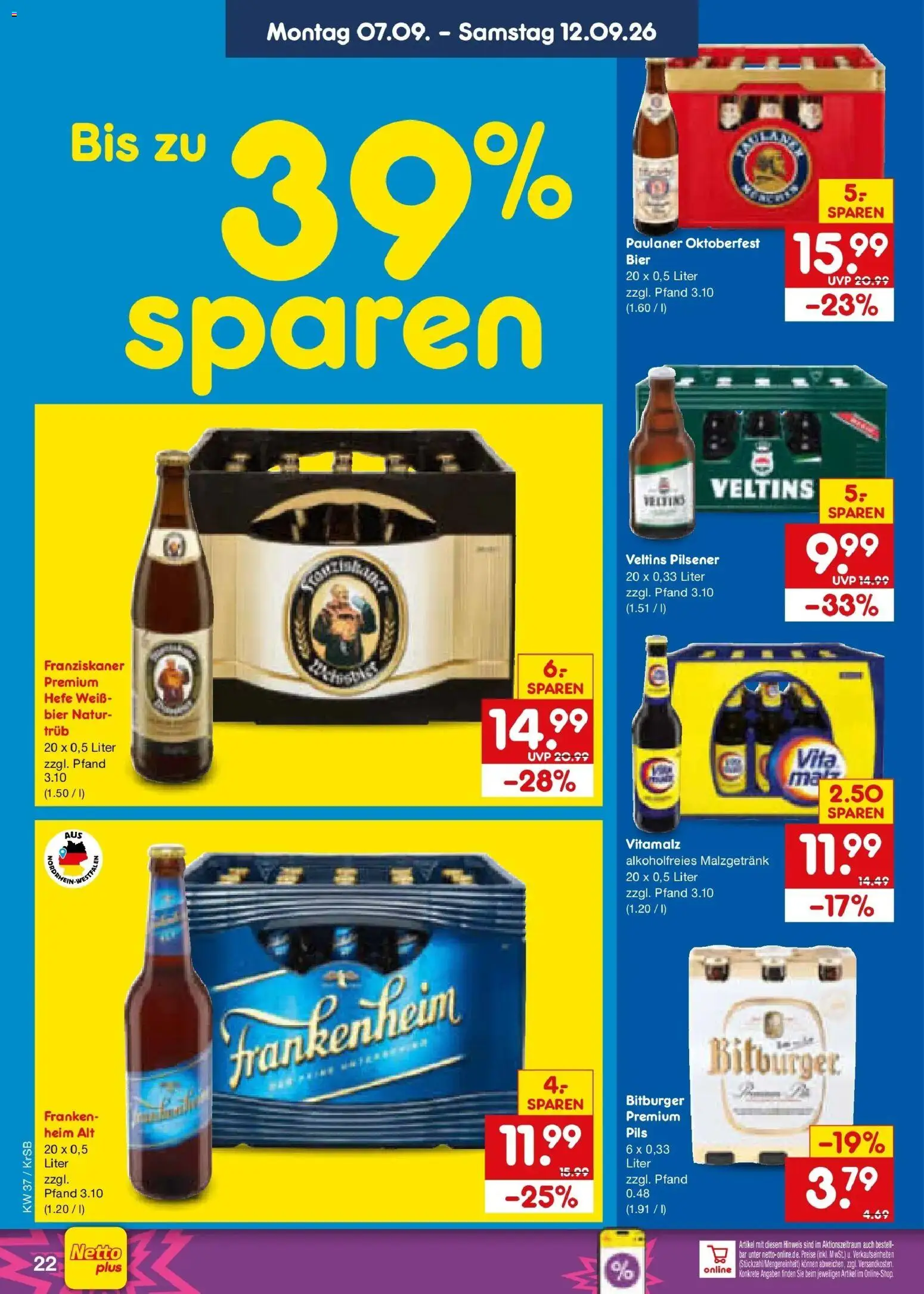 Netto Marken-Discount Prospekt Baesweiler – gültig ab 07.09.2026 | Seite: 32 | Produkte: Bitburger, Pils, Paulaner, Veltins