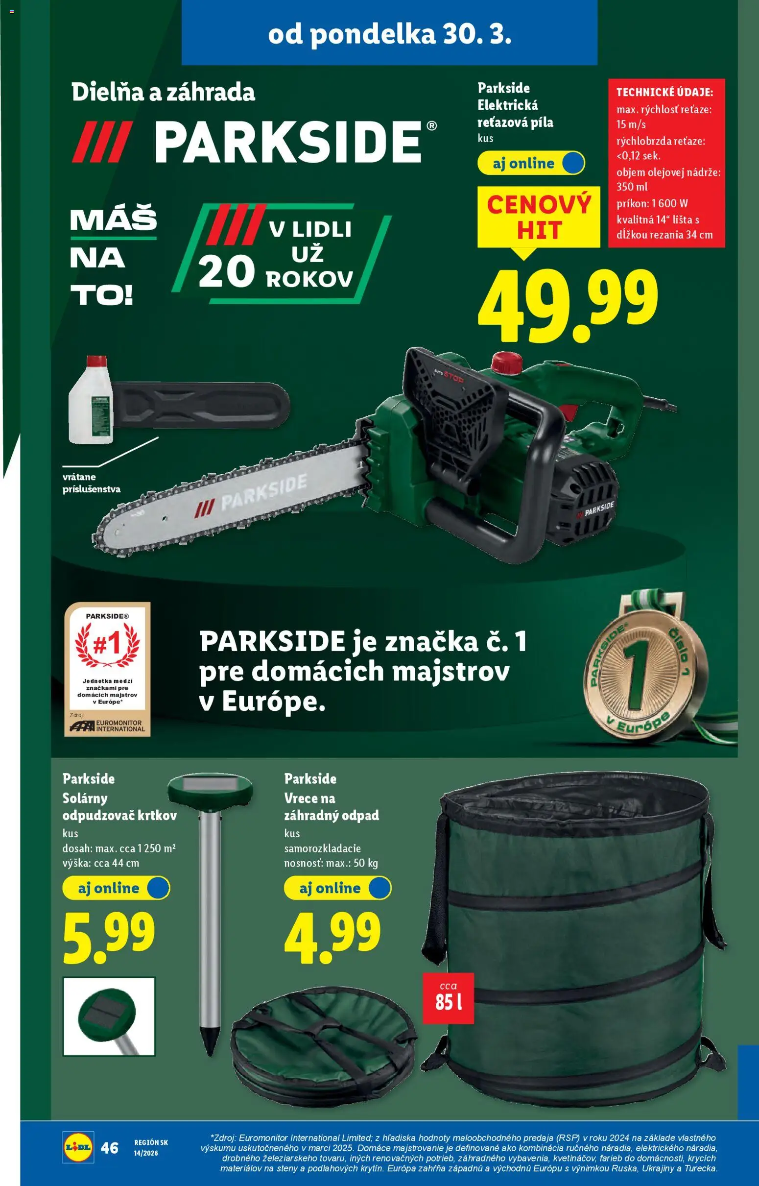Nové Lidl akcie – leták je platný od 30.03.2026 | Strana: 66 | Produkty: Elektrická reťazová píla, Reťazová píla, Píla, Parkside