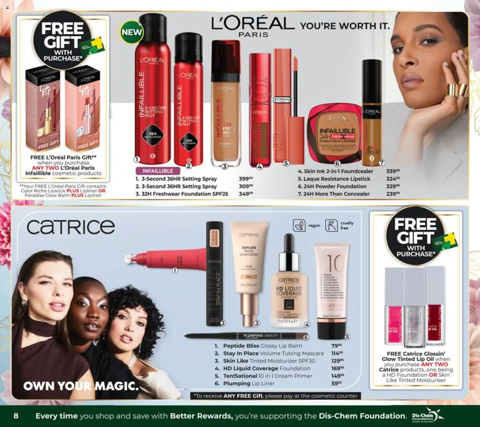 New Dis-Chem catalogue – valid from 20/08/2026 | Page: 8 | Products: Primer, Moisturizer, Foundation, Lipstick
