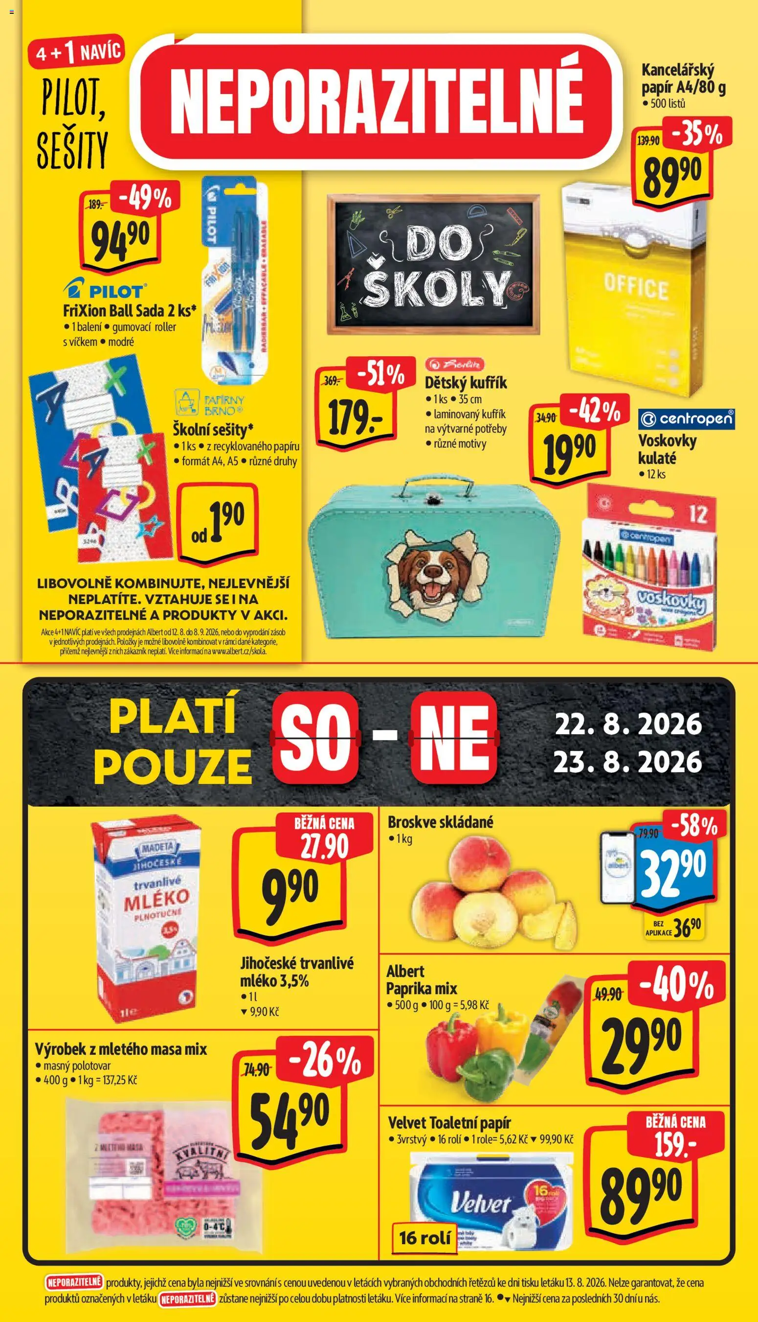 Albert leták - Supermarket od 19.08.2026 | Strana: 8 | Produkty: Voskovky, Sešity, Toaletní papír, Broskve