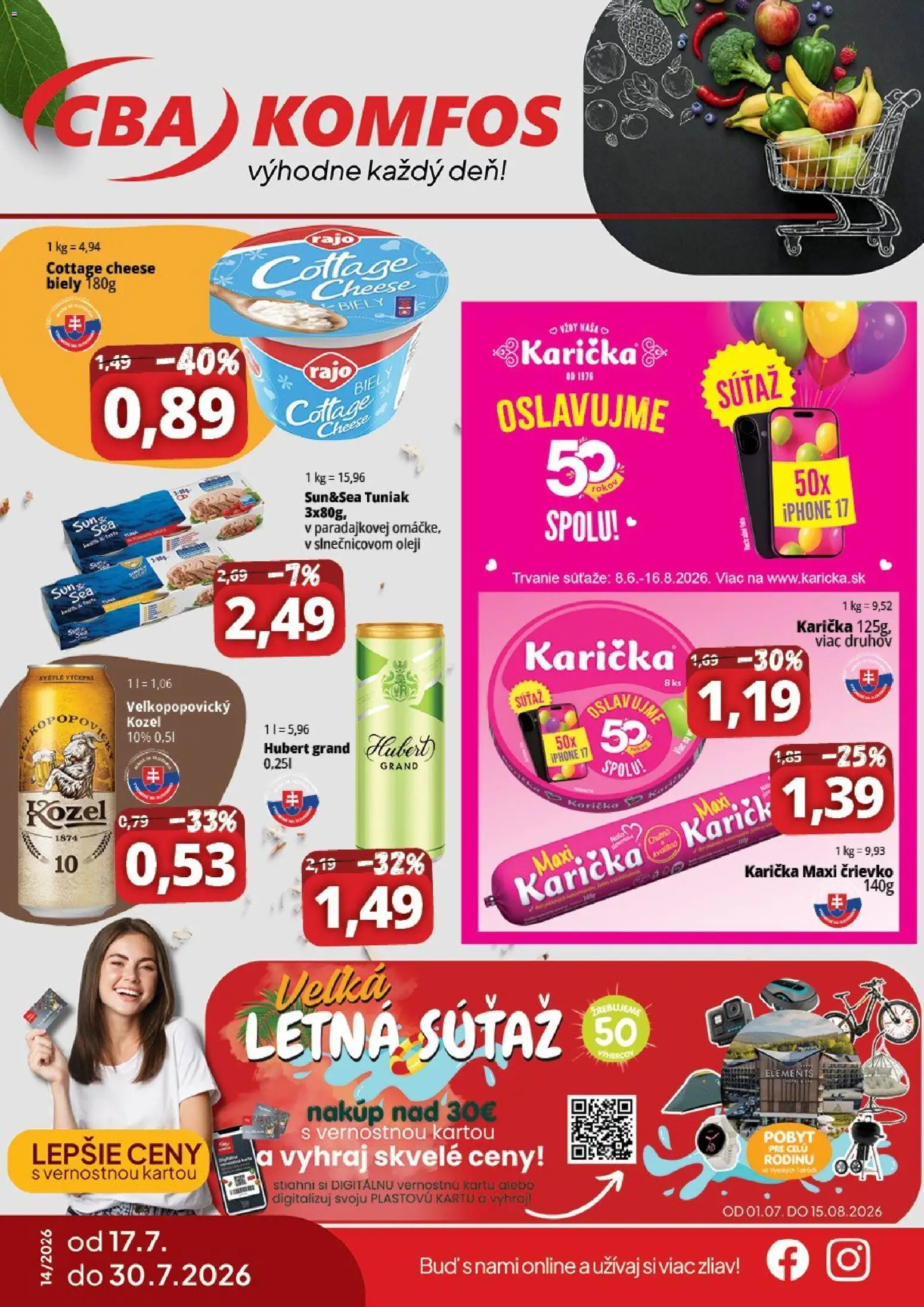 Nové CBA Komfos akcie – leták je platný od 17.07.2026 | Strana: 1 | Produkty: Tuniak, Cottage cheese, Iphone