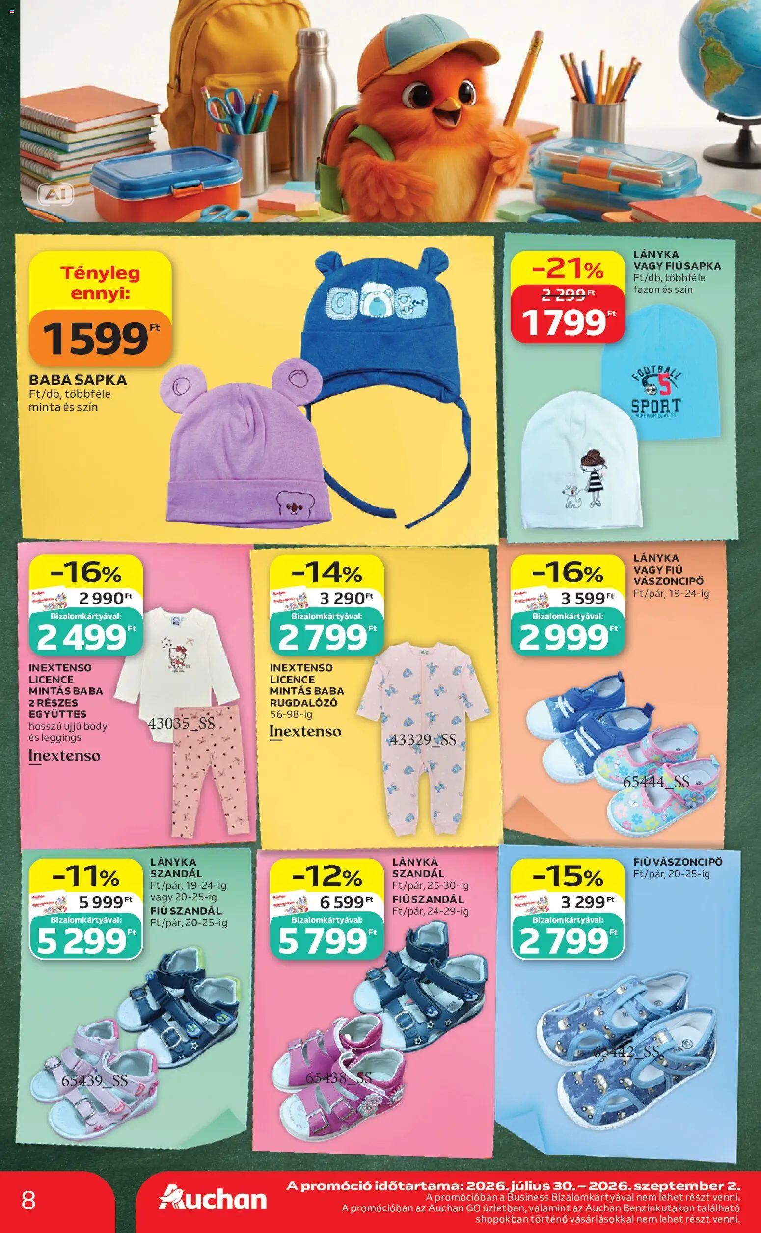 Auchan akciós ujság - amely érvényes a következő dátumtól: 2026.08.21. | Oldal: 8 | Termékek: Szandál, Sapka, Vászoncipő, Leggings