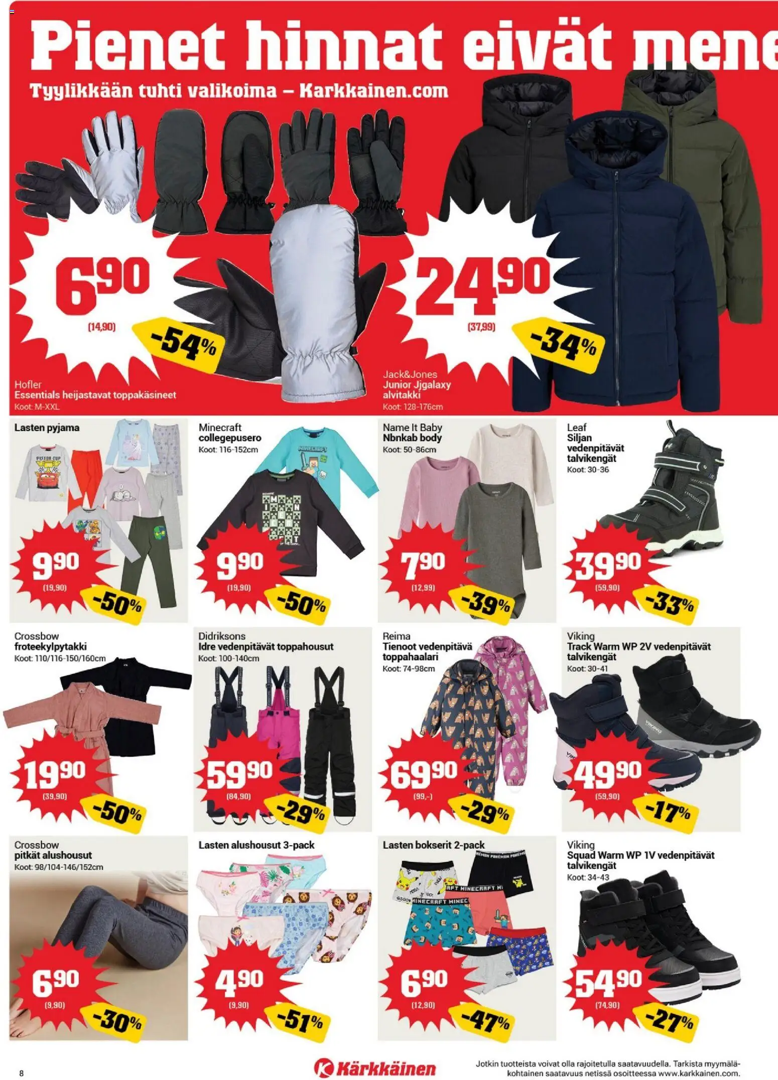 Kärkkäinen tarjoukset – voimassa 13/10/2026 alkaen | Sivu: 8 | Tuotteet: Pyjama, Alushousut, Bokserit, Talvikengät