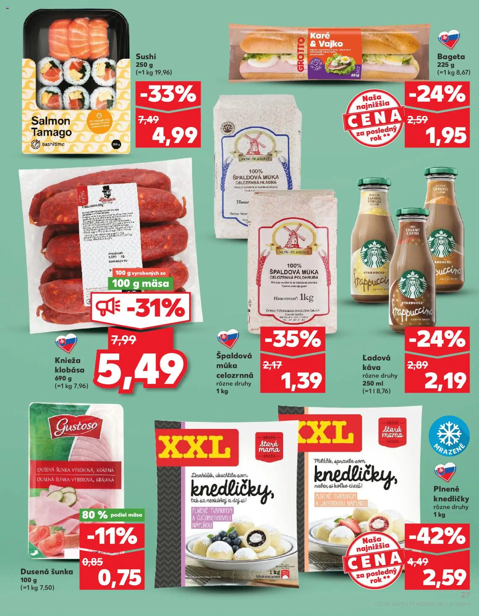 Nové Kaufland akcie – leták je platný od 23.04.2026 | Strana: 27 | Produkty: Káva, Klobása, Múka, Sushi