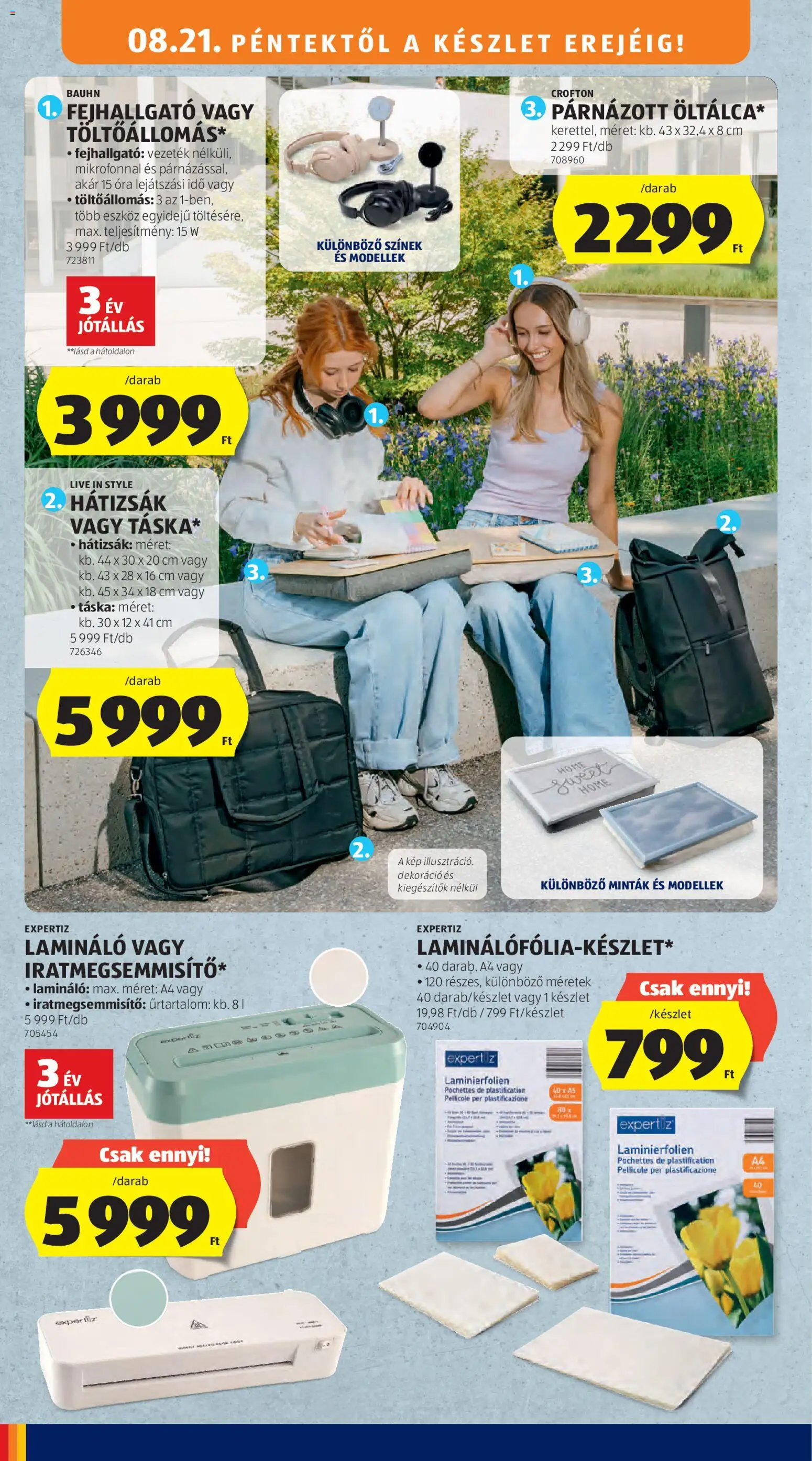 Aldi akciós ujság - amely érvényes a következő dátumtól: 2026.08.21. | Oldal: 4 | Termékek: Fejhallgató, Lamináló, Lap, Dekoráció