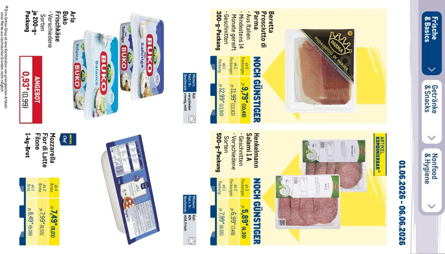 Metro Prospekt – gültig ab 01.06.2026 | Seite: 14 | Produkte: Mozzarella, Brot, Salami, Frischkase