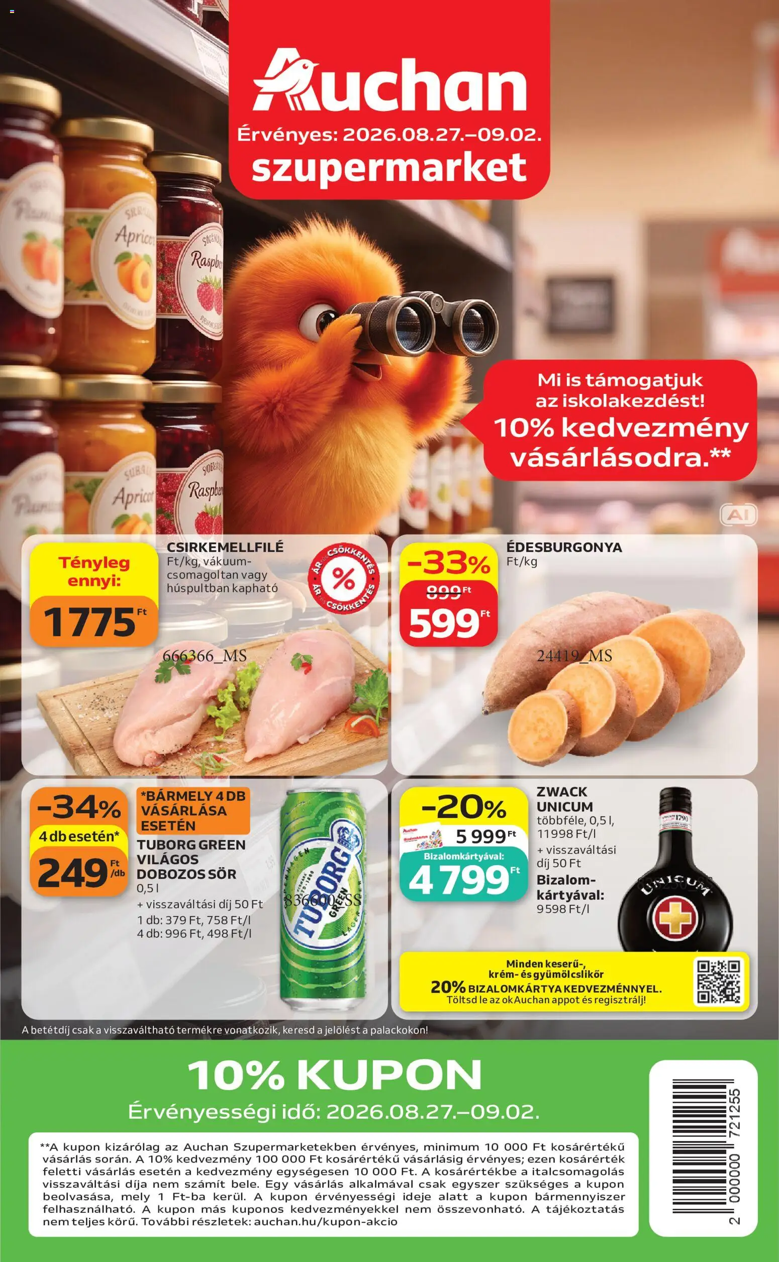 Auchan akciós ujság - amely érvényes a következő dátumtól: 2026.08.27. | Oldal: 1 | Termékek: Krém, Lé, Édesburgonya, Csirkemellfilé