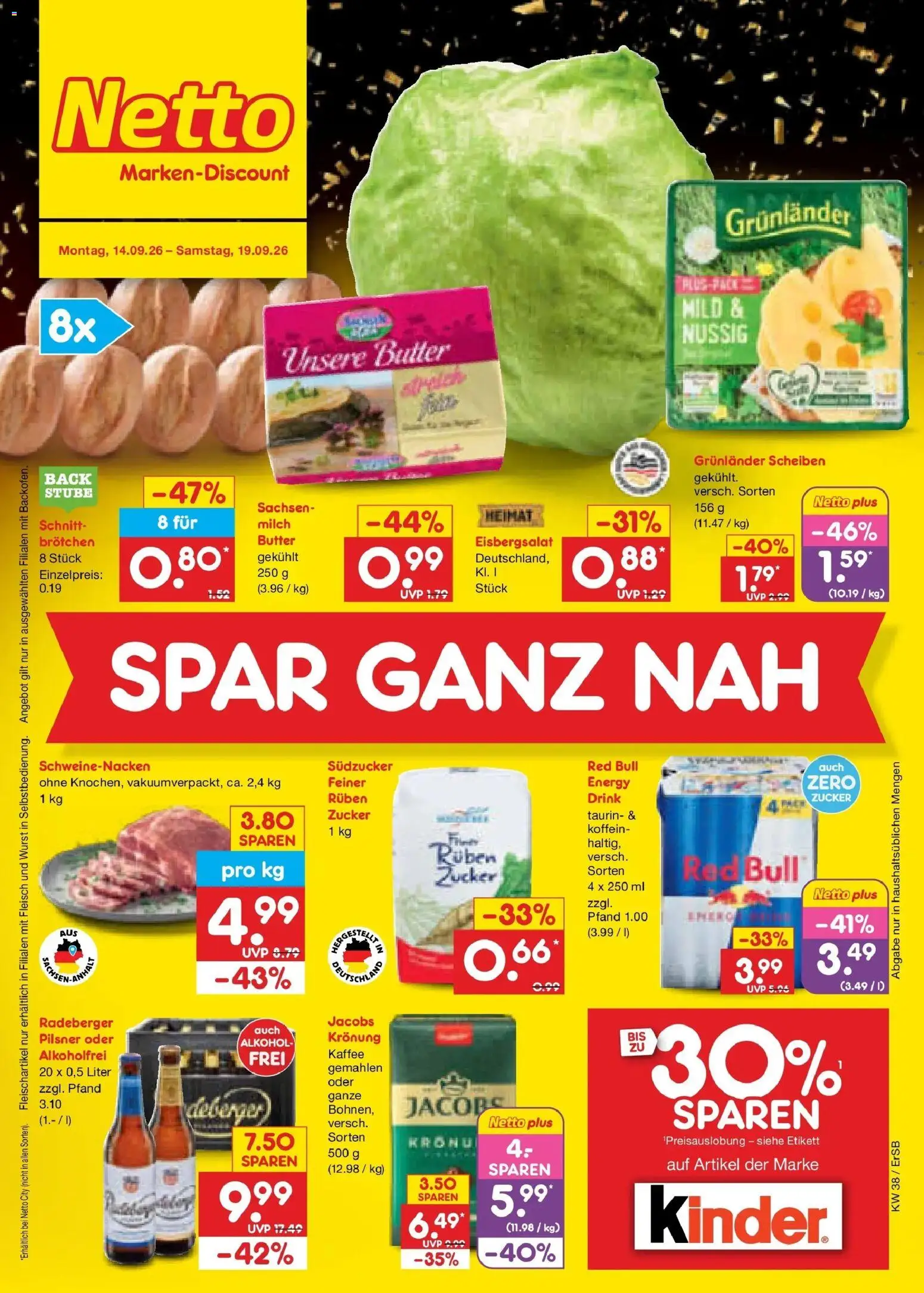 Netto Marken-Discount Prospekt Naumburg – gültig ab 14.09.2026 | Seite: 1 | Produkte: Milch, Energy, Schweinenacken, Eisbergsalat