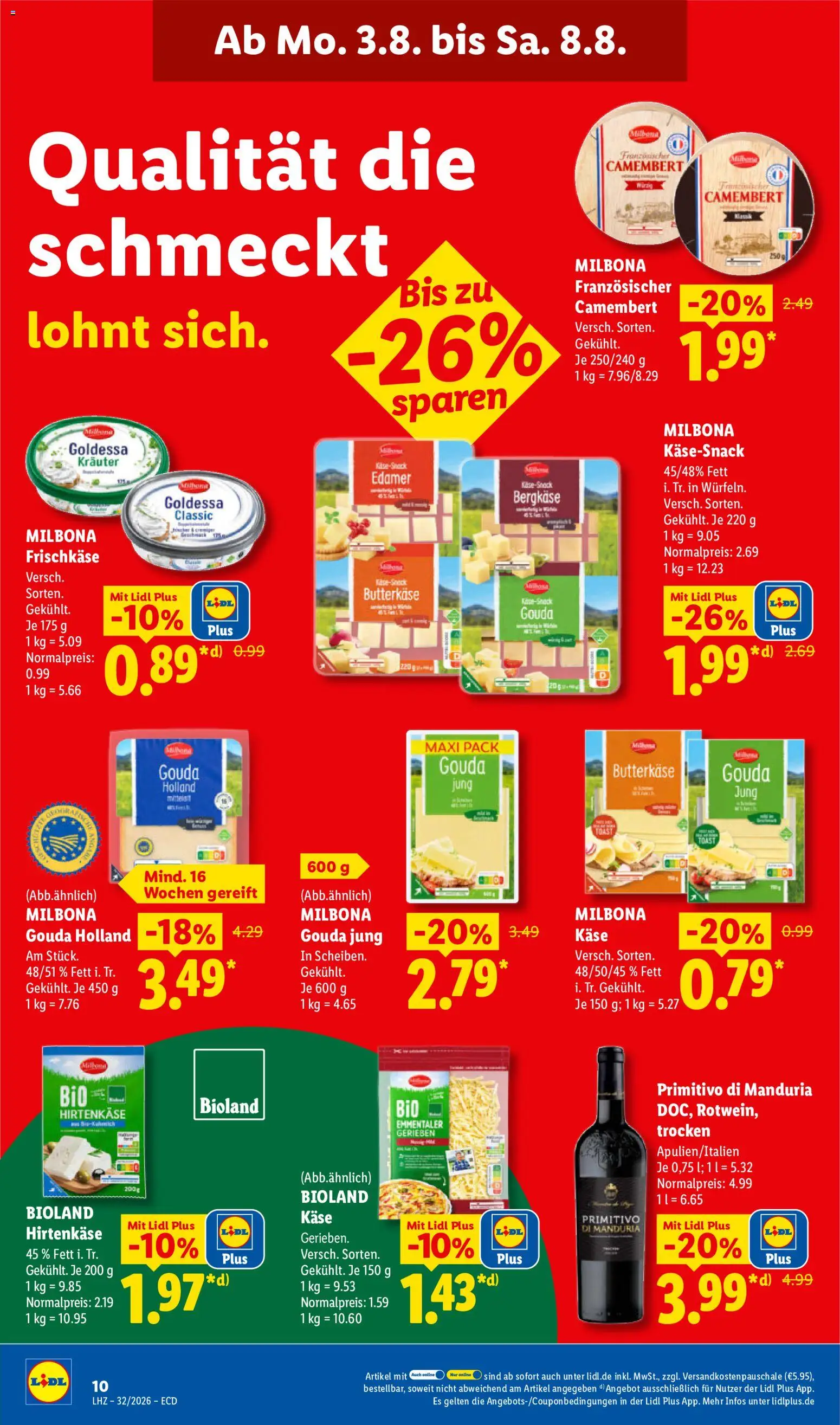 Lidl Německo leták od 03.08.2026 | Strana: 26 | Produkty: Primitivo Di Manduria, Milbona, Primitivo, Camembert
