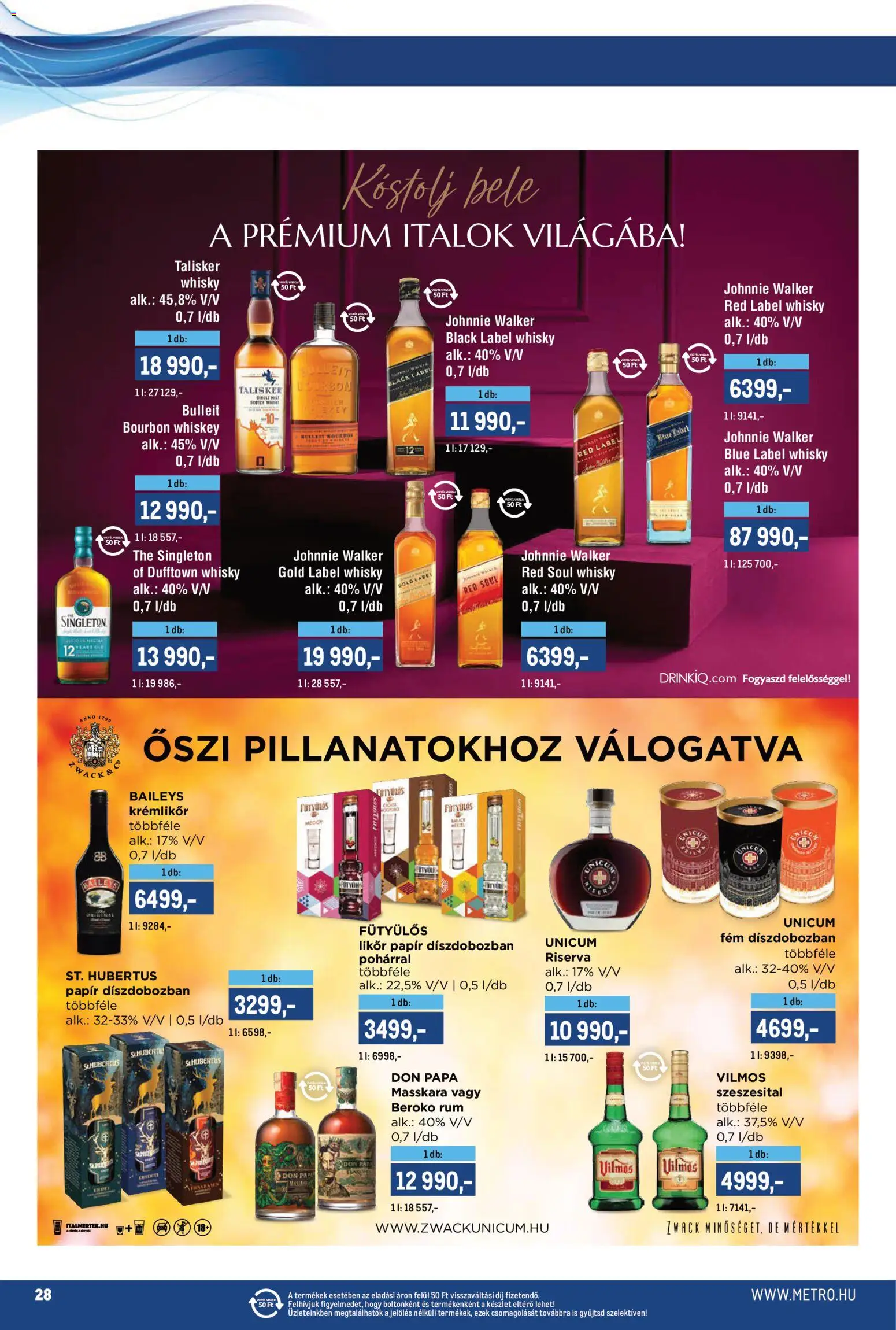 Metro akciós ujság - amely érvényes a következő dátumtól: 2026.10.16. | Oldal: 28 | Termékek: Unicum, Whiskey, Meggy, Whisky