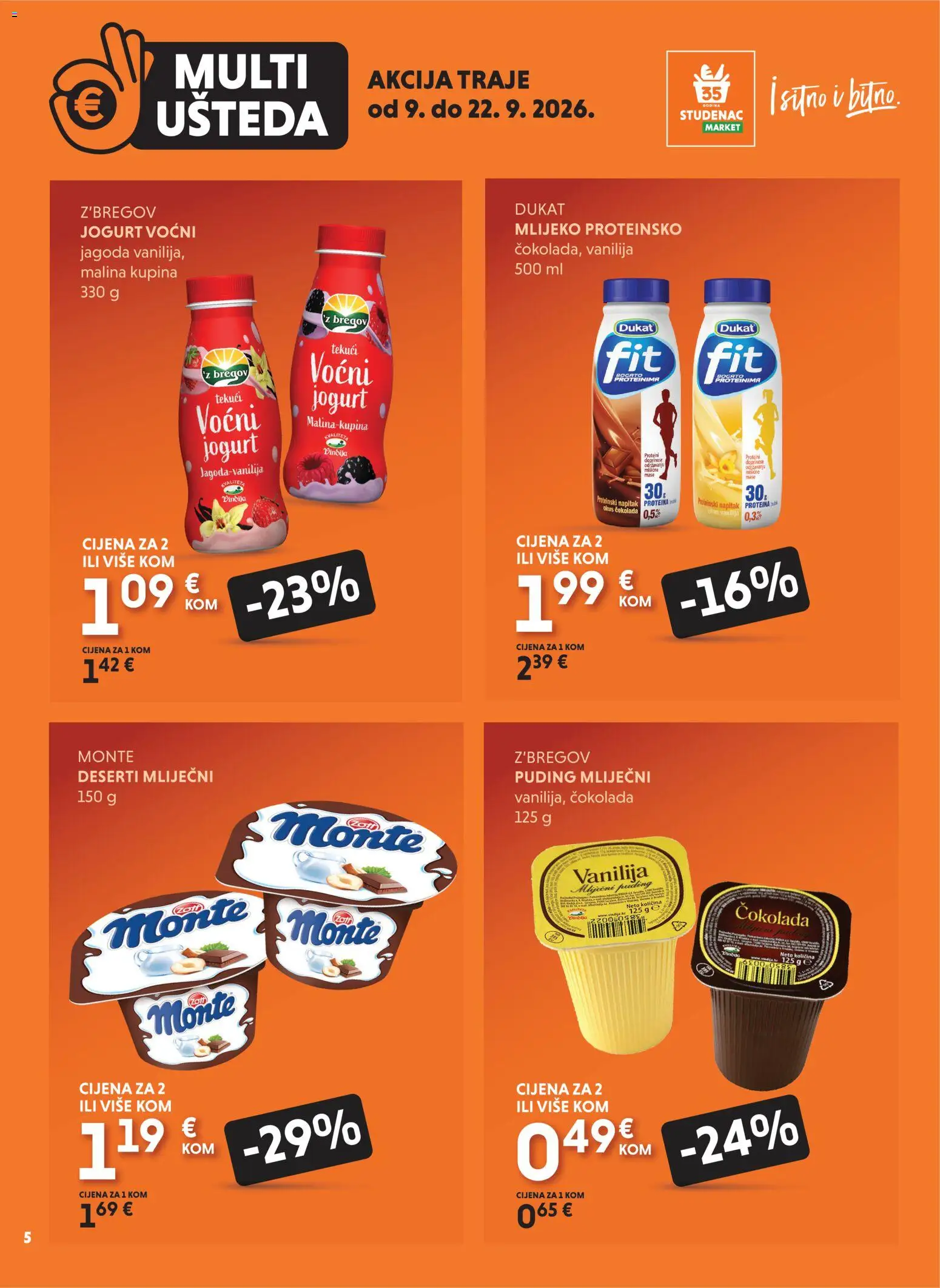Studenac katalog | vrijedi od 09.09.2026 | Stranica: 5 | Proizvodi: Mlijeko, Jogurt, Čokolada, Puding