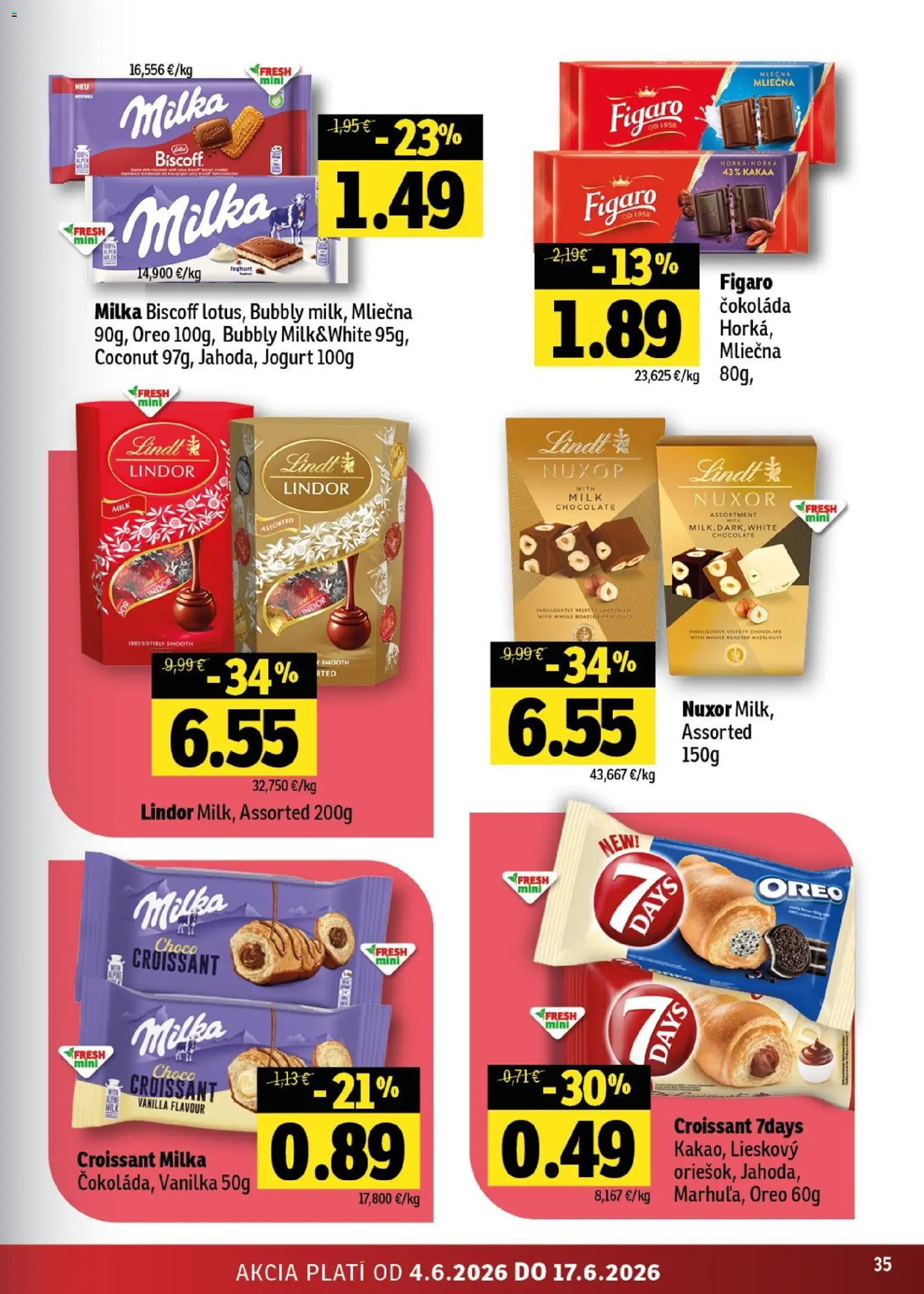 Nové Fresh akcie – leták je platný od 04.06.2026 | Strana: 35 | Produkty: Jogurt, Croissant, Lindor, Lindt