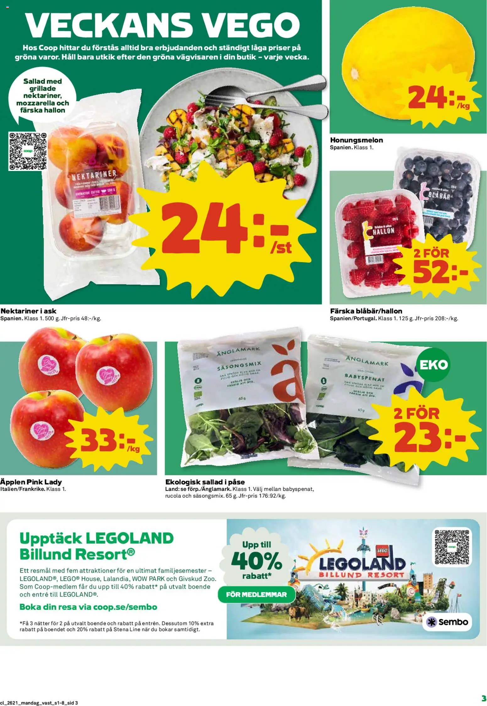 Coop reklamblad aktuell från 18.05.2026 | Sida: 3 | Produkter: Babyspenat, Äpplen, Hallon, Häll