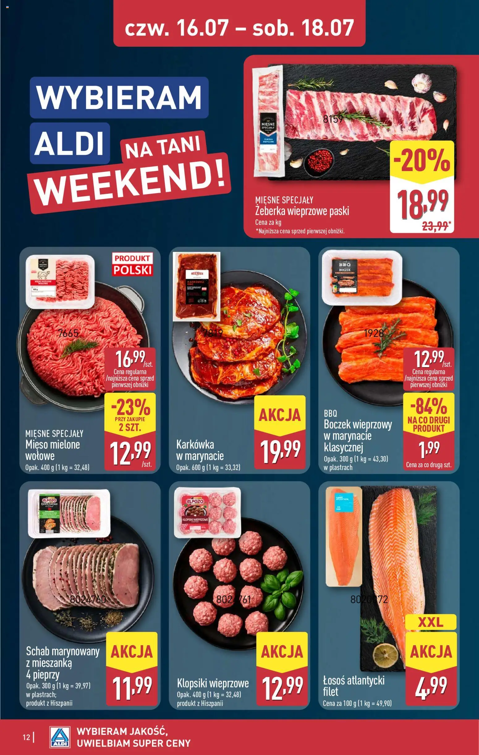 Aldi gazetka - Oferta weekendowa od 16.07.2026 | Strona: 12 | Produkty: Łosoś atlantycki, Mięso, Boczek wieprzowy, Klopsiki