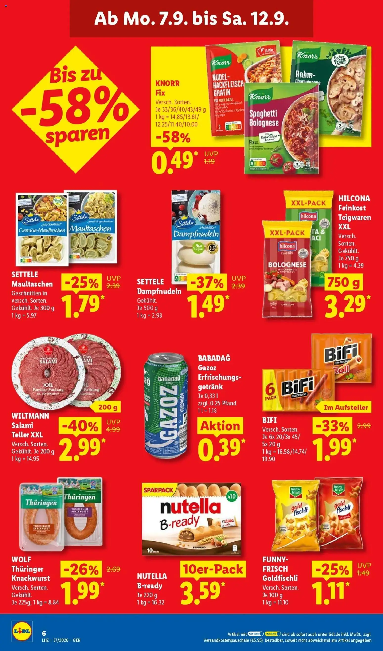 Lidl Prospekt Grimma – gültig ab 07.09.2026 | Seite: 16 | Produkte: Spaghetti, Bifi, Knorr, Salami