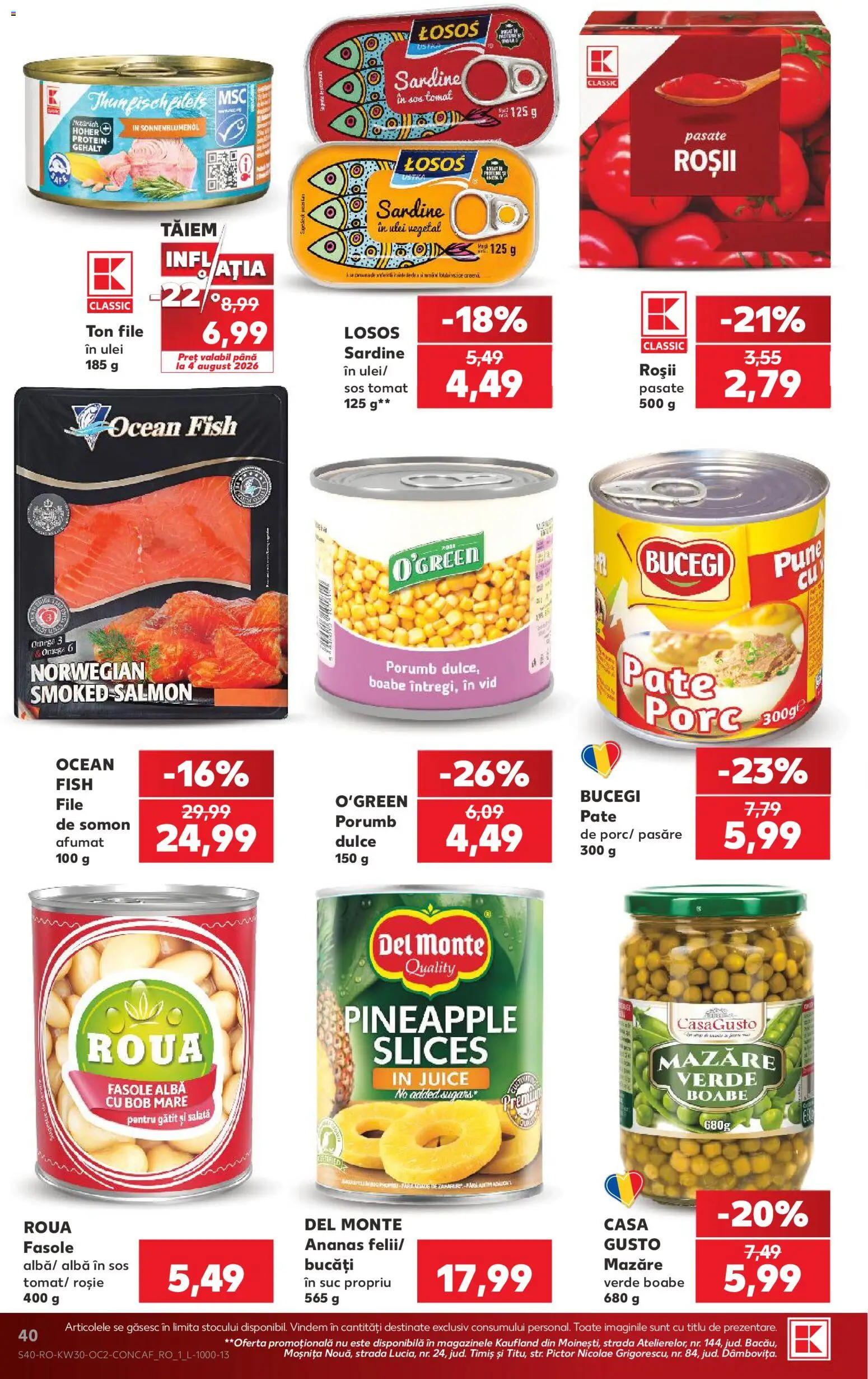 Noul catalog Kaufland – valabil de la 22.07.2026 | Pagină: 40 | Produse: Mazăre, Ulei, Porumb, Sardine