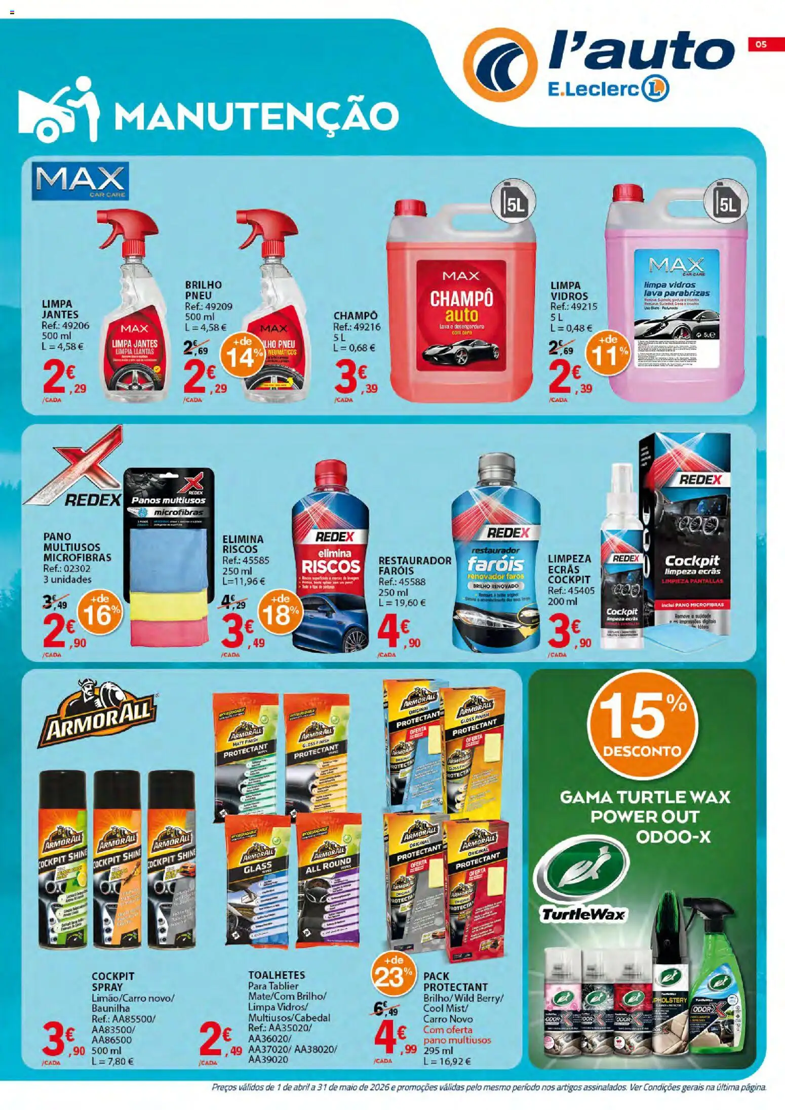 E.Leclerc folheto Auto │ válido de 01.04.2026 | Página: 5 | Produtos: Gloss, Cera, Limpa vidros, Pneu