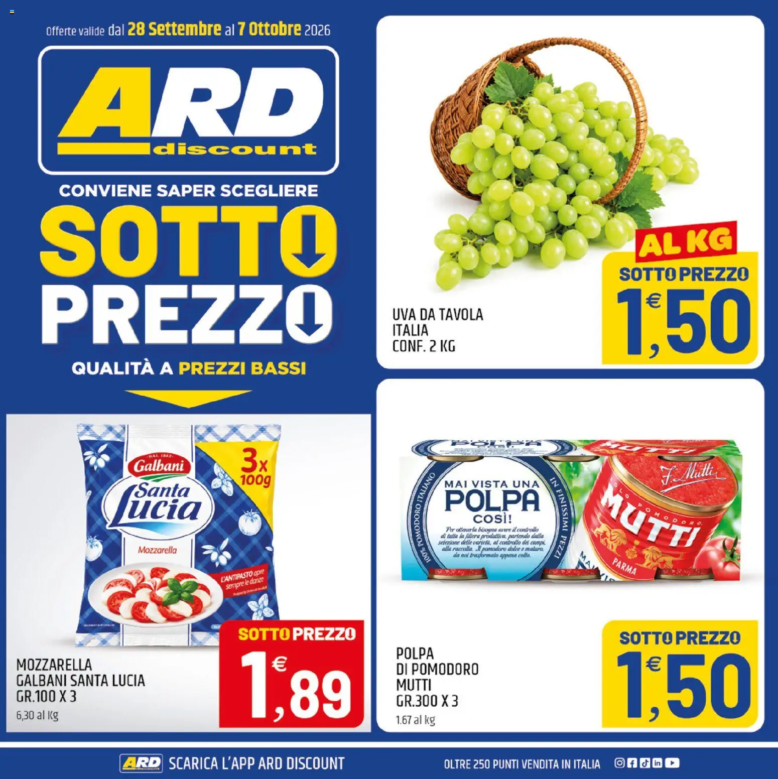 Volantino ARD Discount del 28/09/2026 | Pagina: 1 | Prodotti: Mozzarella, Pomodoro, Uva, Mutti