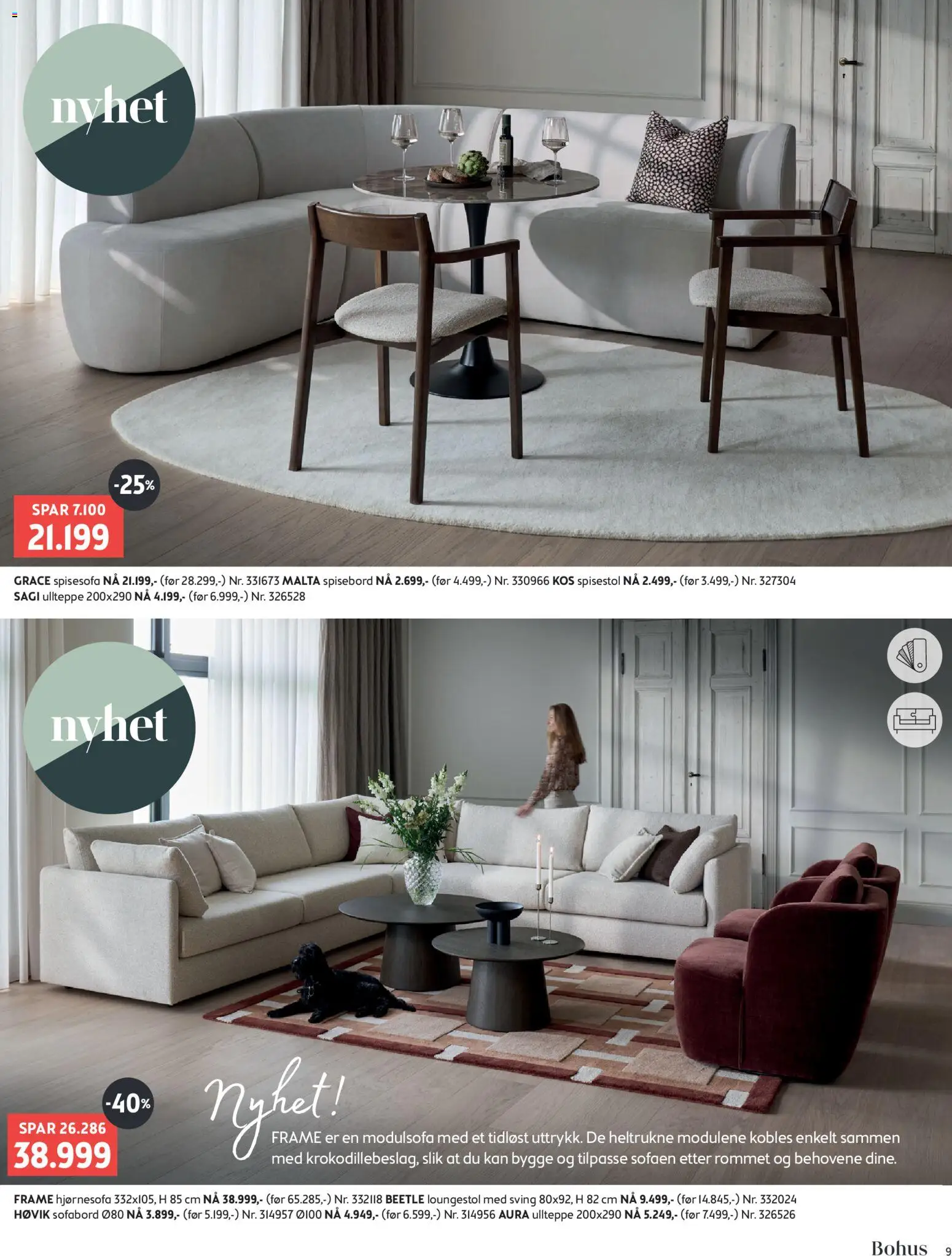 {H1} | Side: 9 | Produkter: Kos, Spisebord, Spisestol, Hjørnesofa