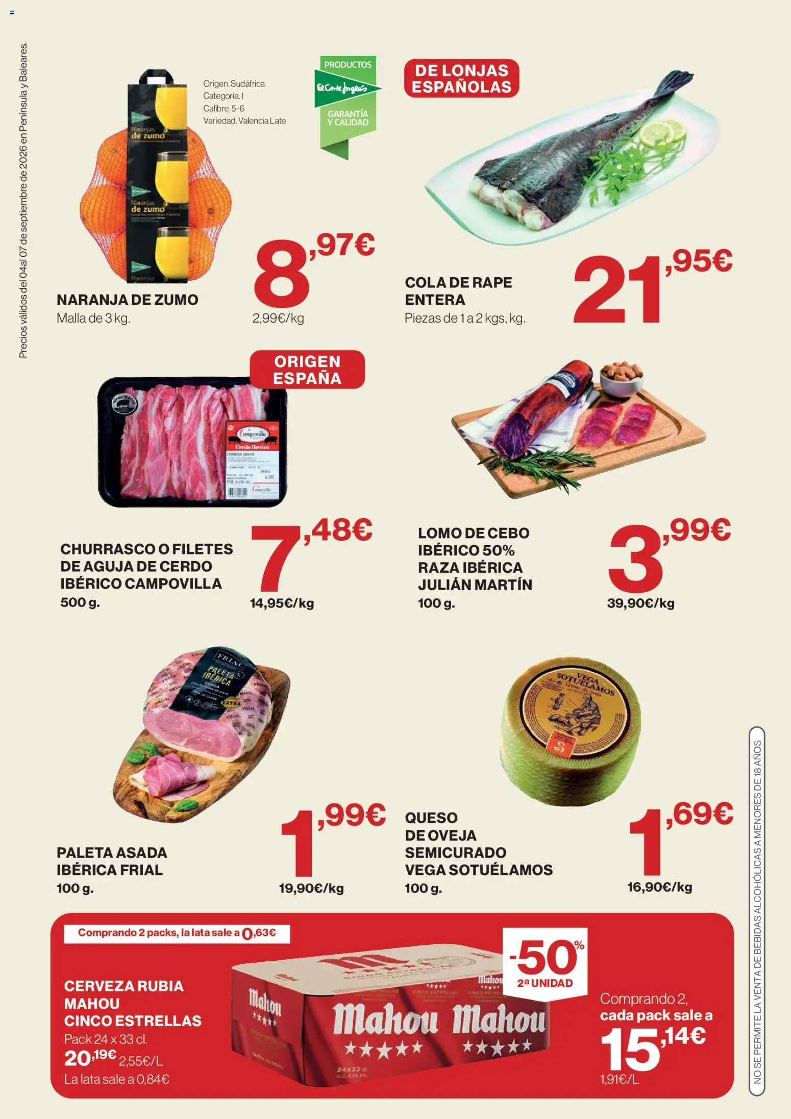 Hipercor Solo 3 días │ válido desde el 04/09/2026 | Página: 2 | Productos: Queso, Lomo, Naranjas, Zumo