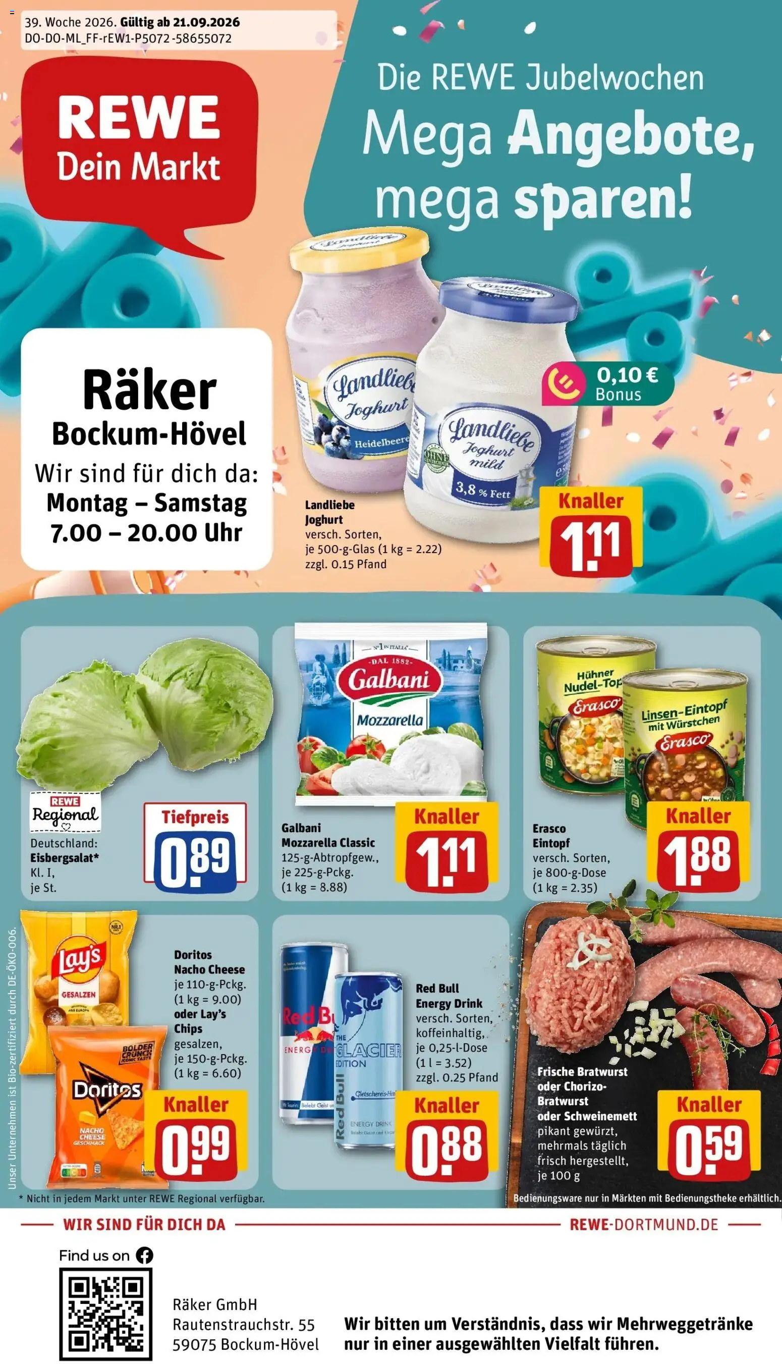 REWE Prospekt ab 21.09.2026 zum Blättern » Angebote | Seite: 1 | Produkte: Red bull, Mozzarella, Bratwurst, Uhr