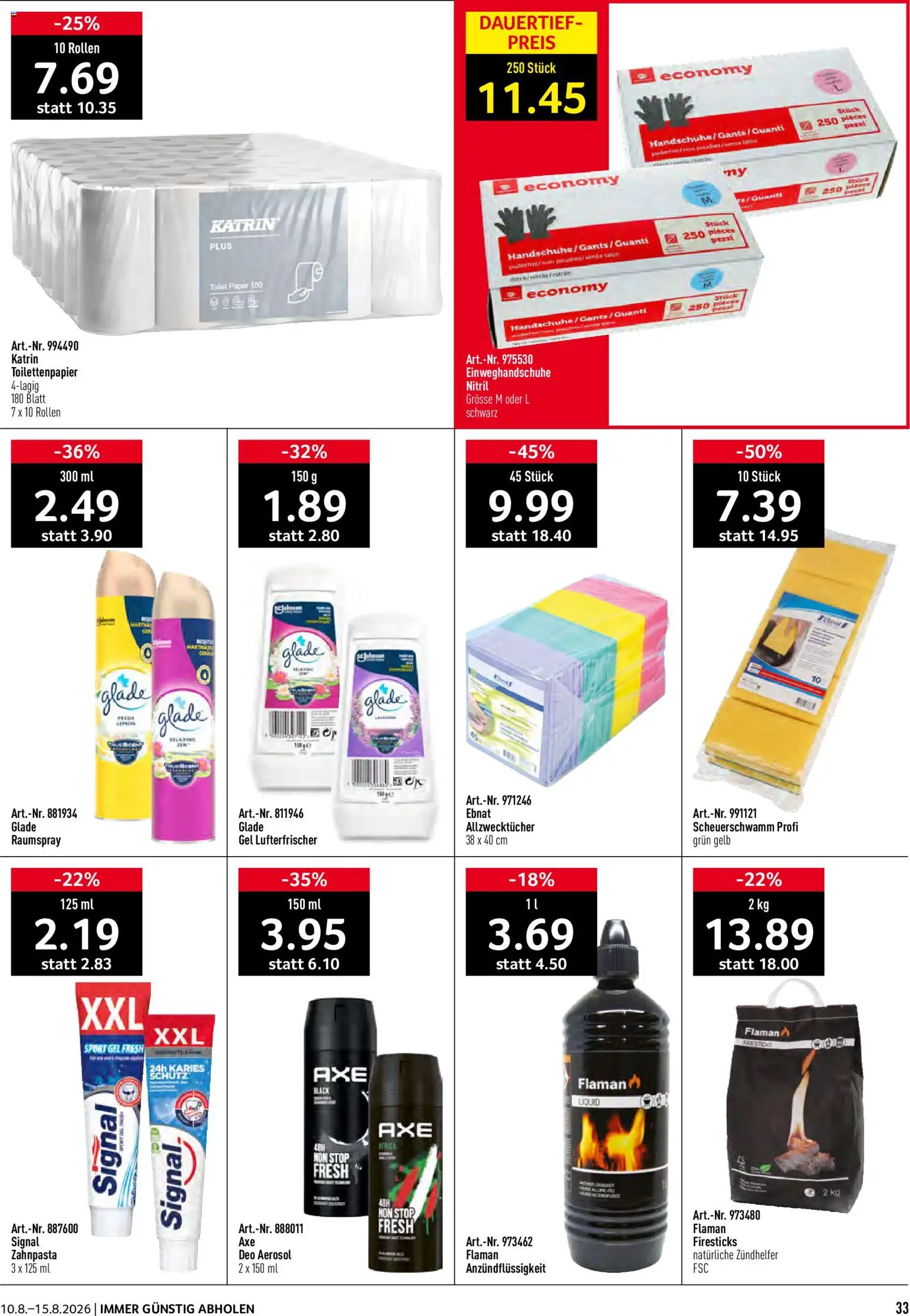 Prodega aktionen – gültig ab 10.08.2026 | Seite: 33 | Produkte: Bluetooth Højttalere, Zahnpasta, Handschuhe, Toilettenpapier