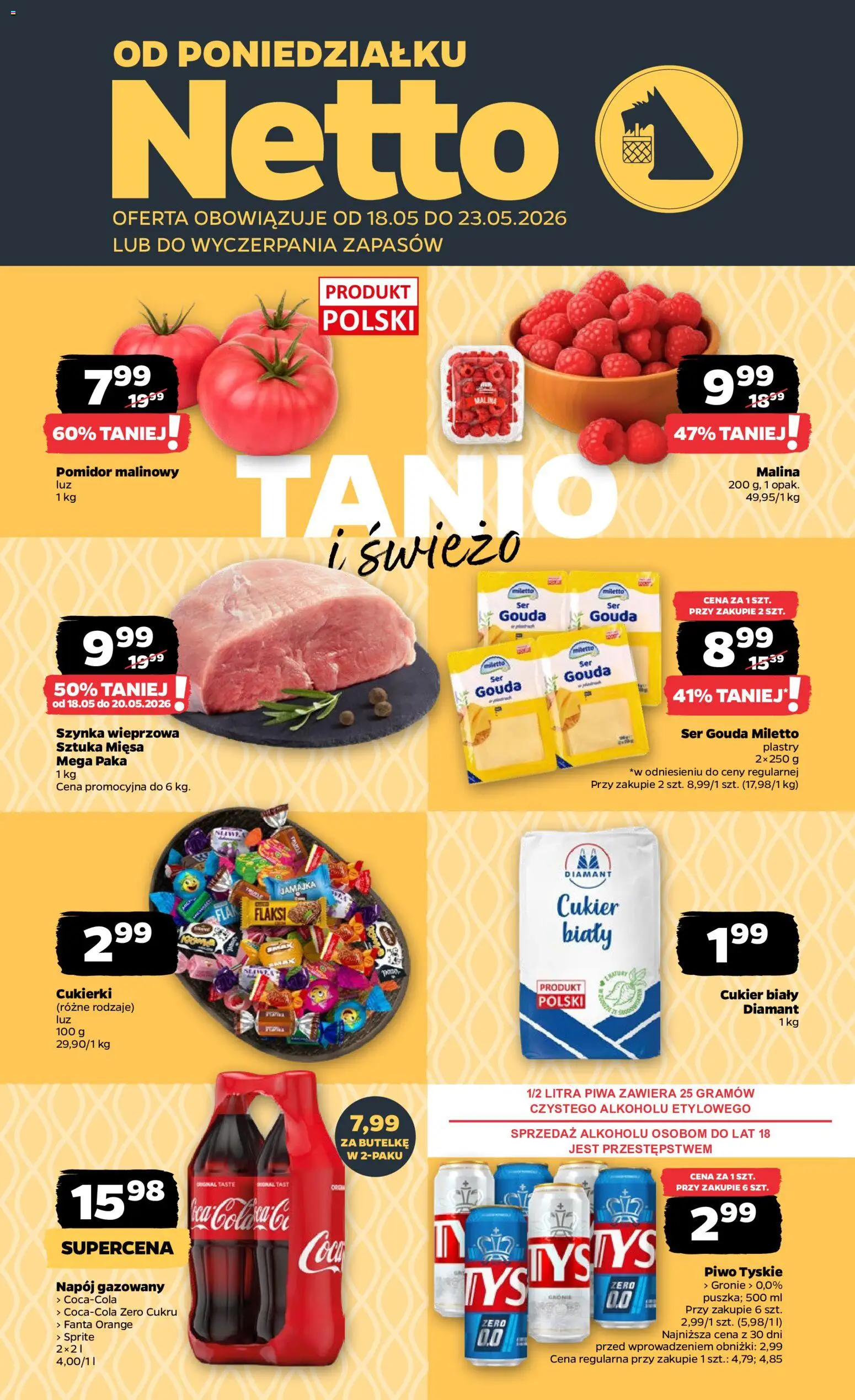 Netto gazetka od poniedziałku spożywcza od 18.05.2026 | Strona: 1 | Produkty: Pomidor malinowy, Tyskie, Ser, Ser gouda
