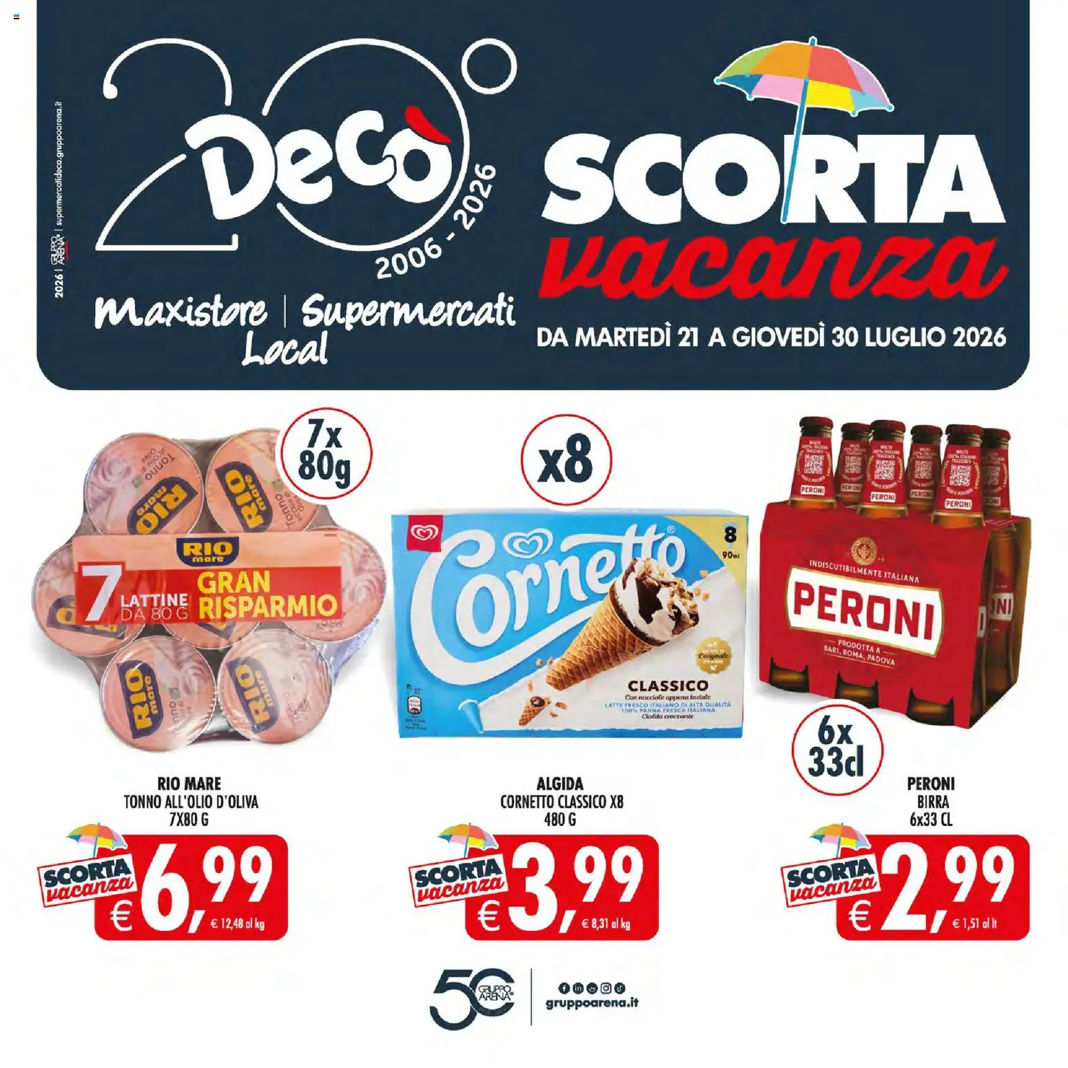 Volantino Decò del 21/07/2026 | Pagina: 1 | Prodotti: Birra, Cornetto, Panna, Nocciole