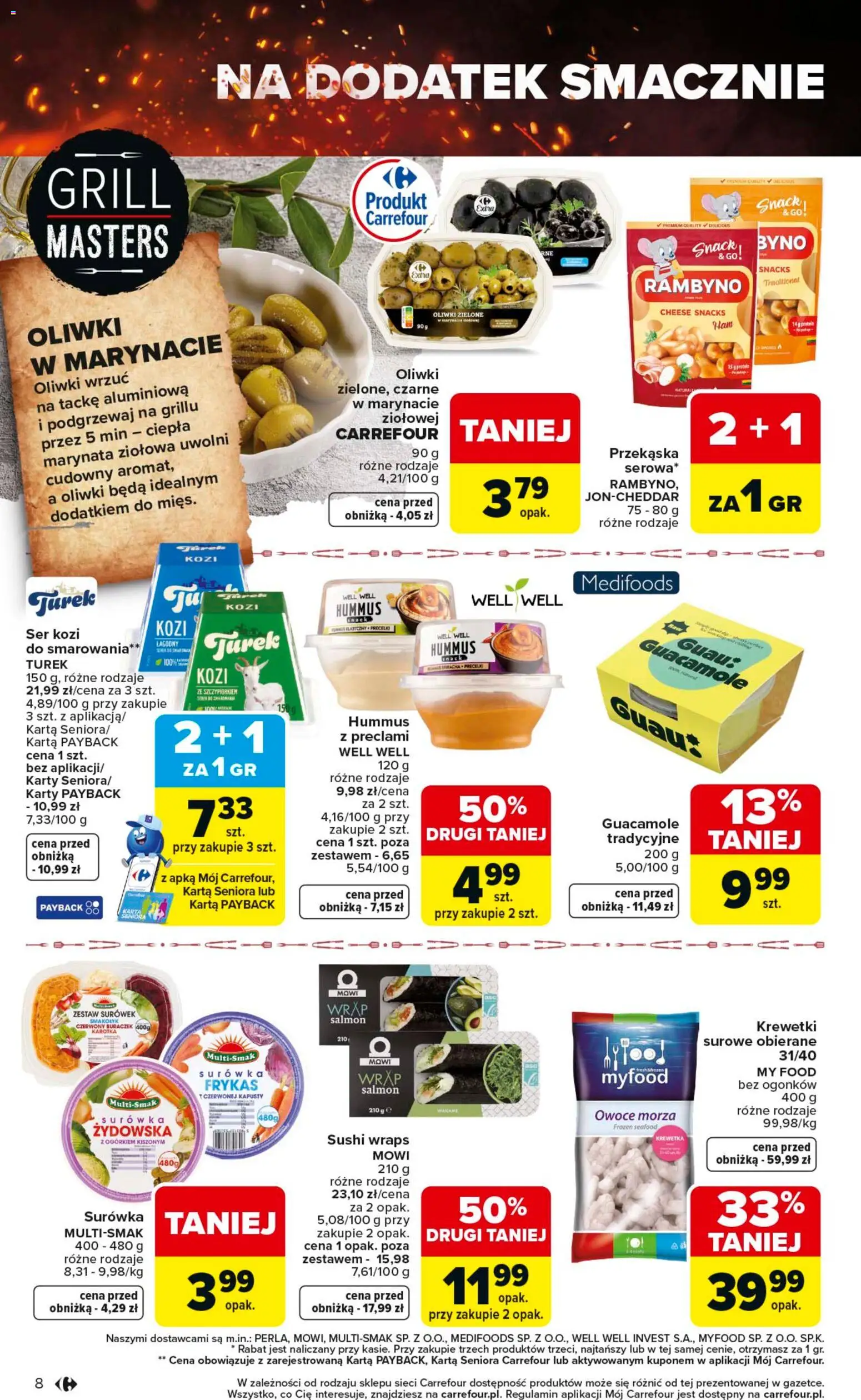 Carrefour gazetka - Misja:Grill Cię wzywa od 23.04.2026 | Strona: 8 | Produkty: Krewetki, Grill, Oliwki zielone, Owoce